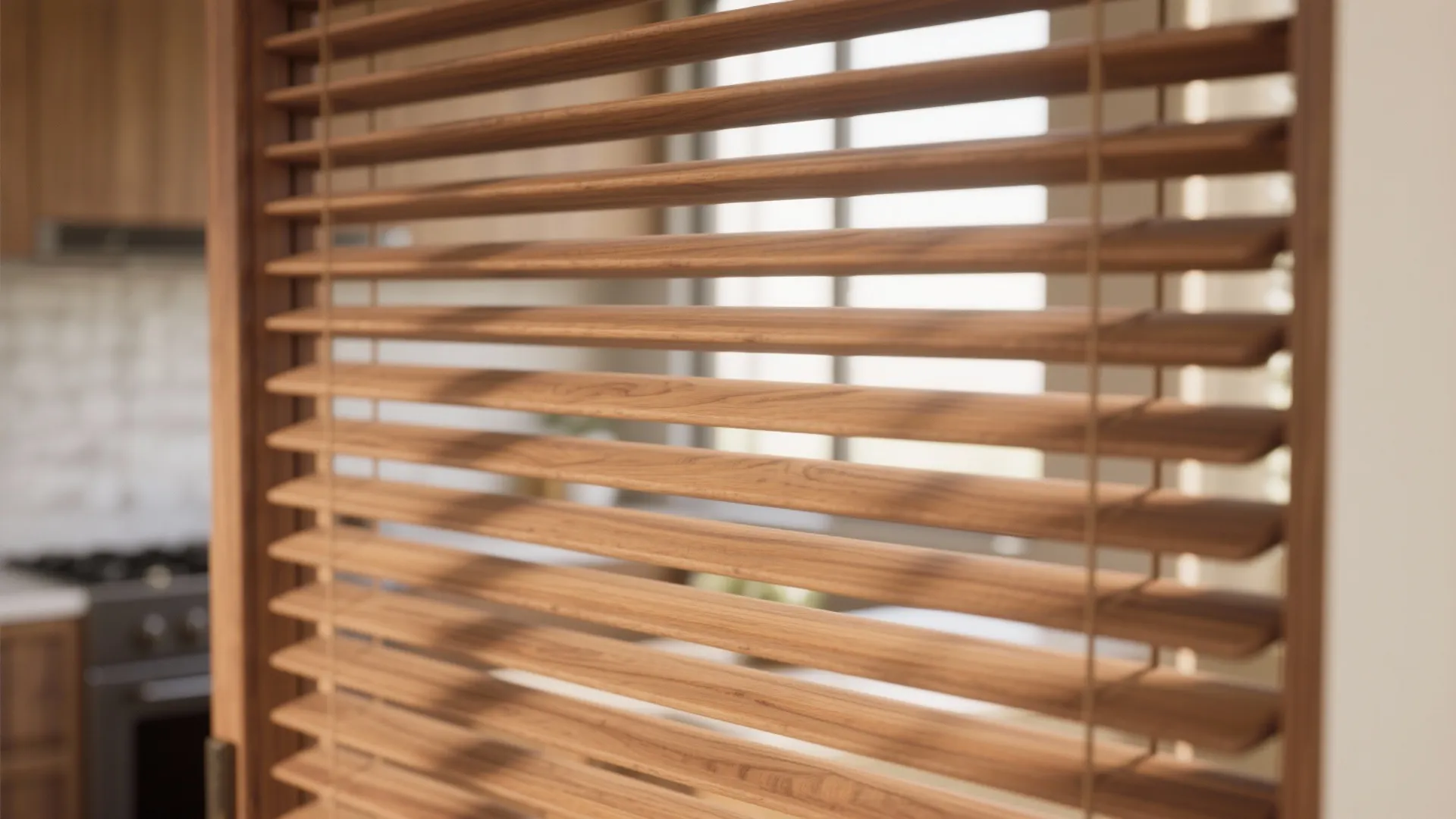 Close up of horizontal wooden window blinds with sunlight filtering through into a modern kitchen