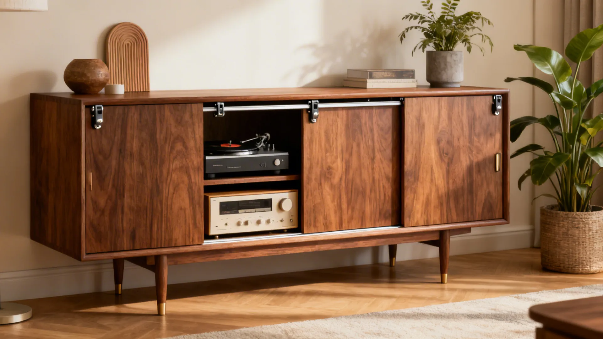 Mid-century walnut media cabinet with sliding doors partially revealing electronics.