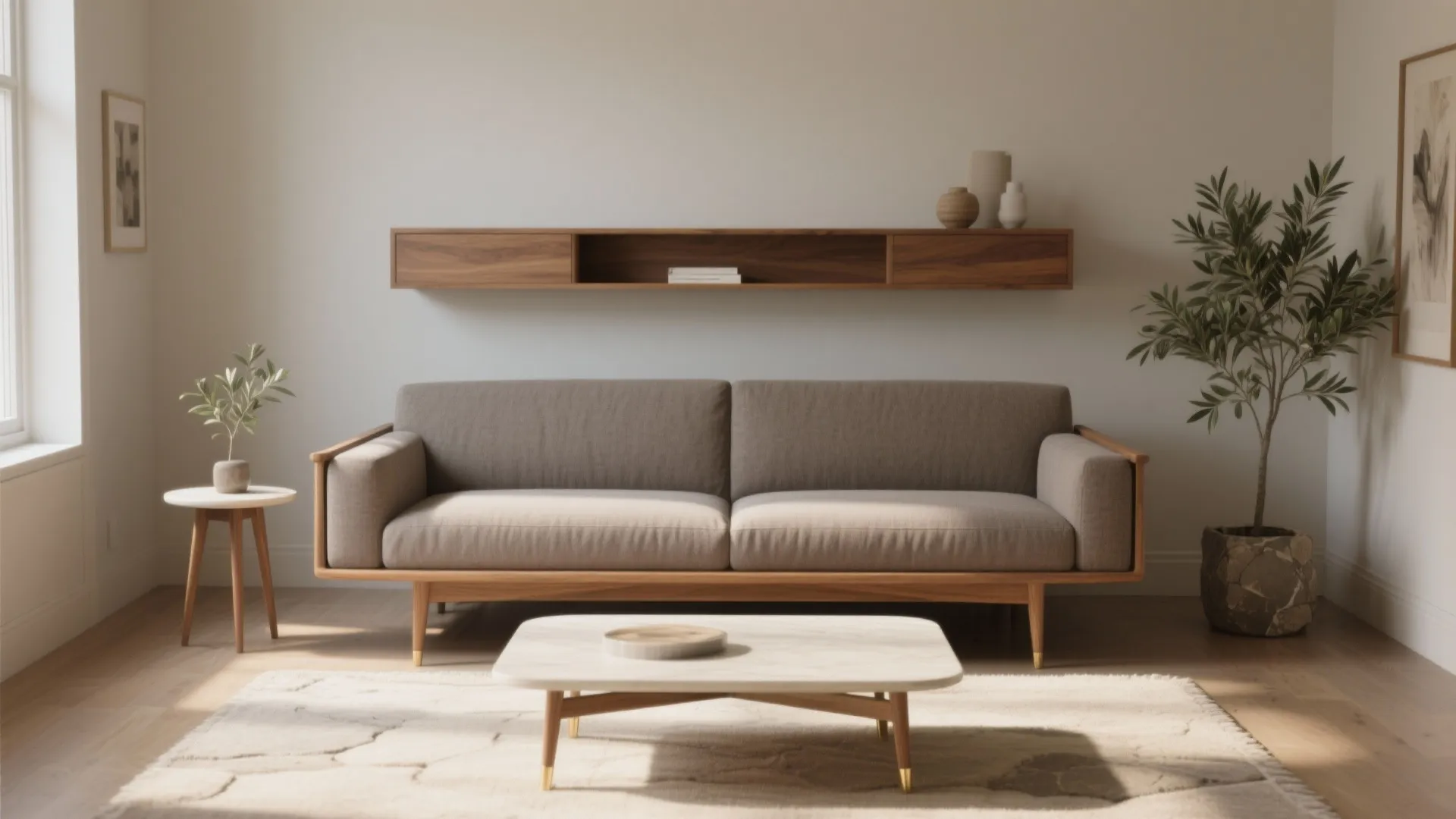 Minimalist living room featuring a gray sofa wooden wall shelf marble table rug and plant