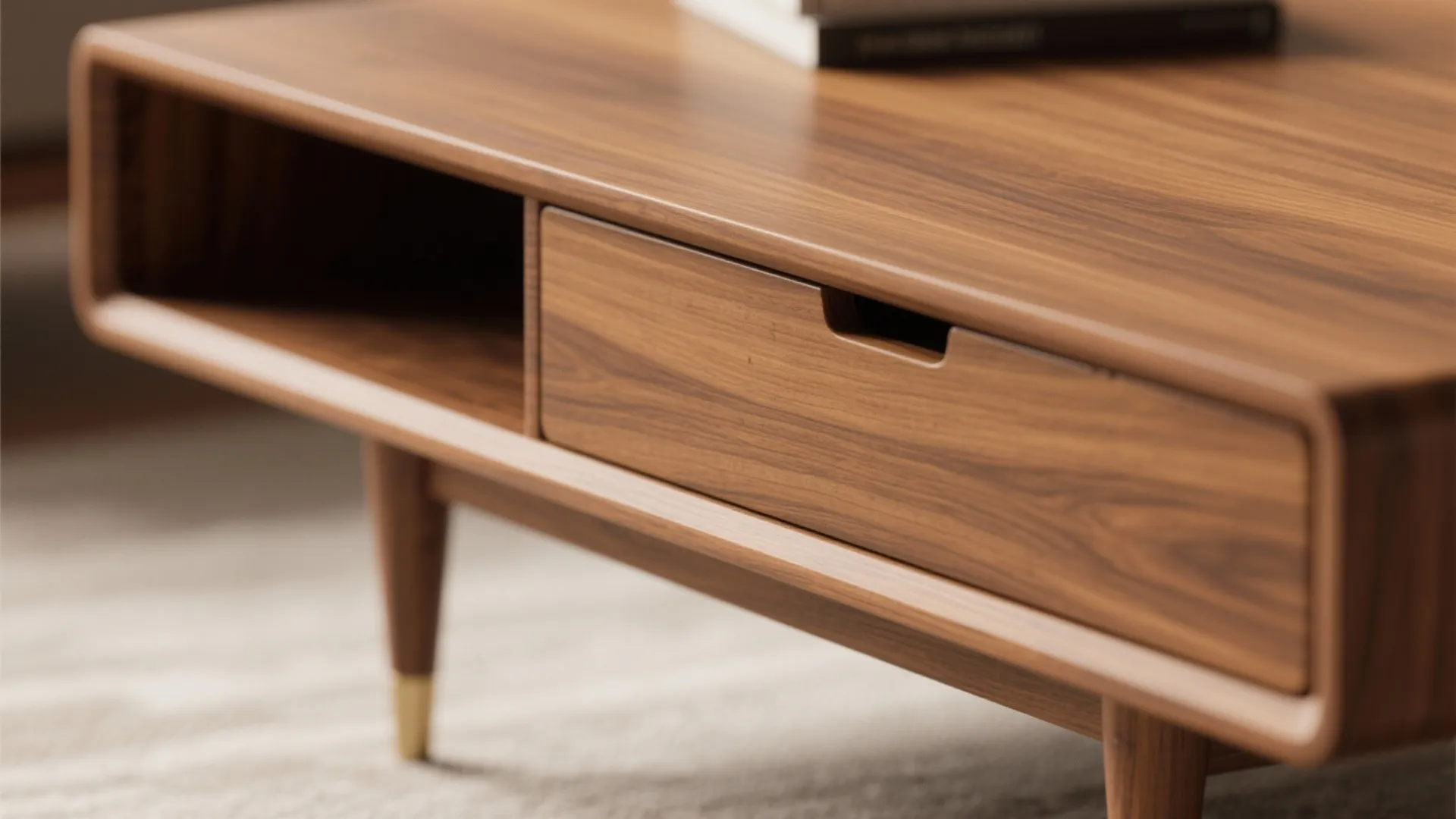 Close up of dark wood coffee table with a single drawer and open storage shelf