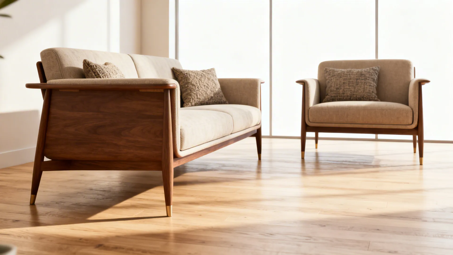 Mid-century slim-arm sofa and loveseat on tapered legs in a light, airy room.
