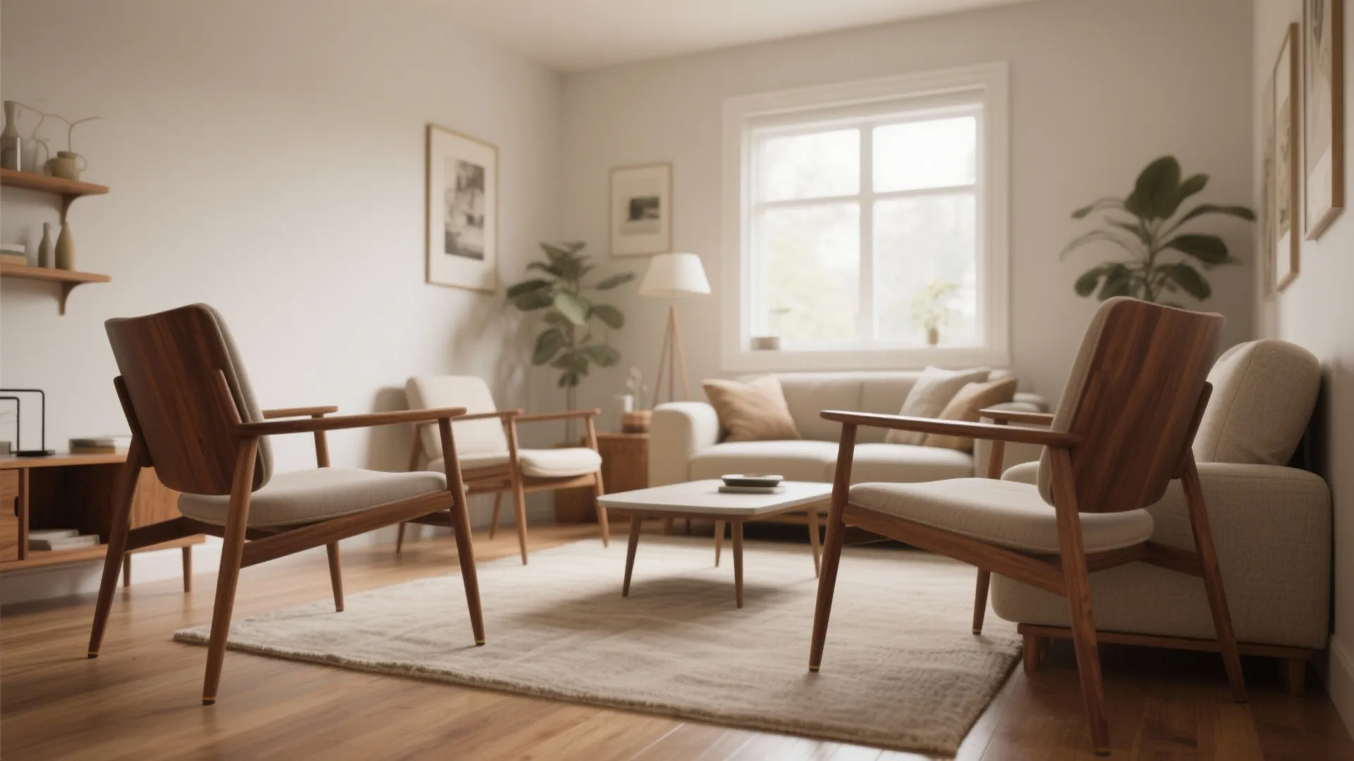 Slim mid-century walnut chairs in a small airy living room