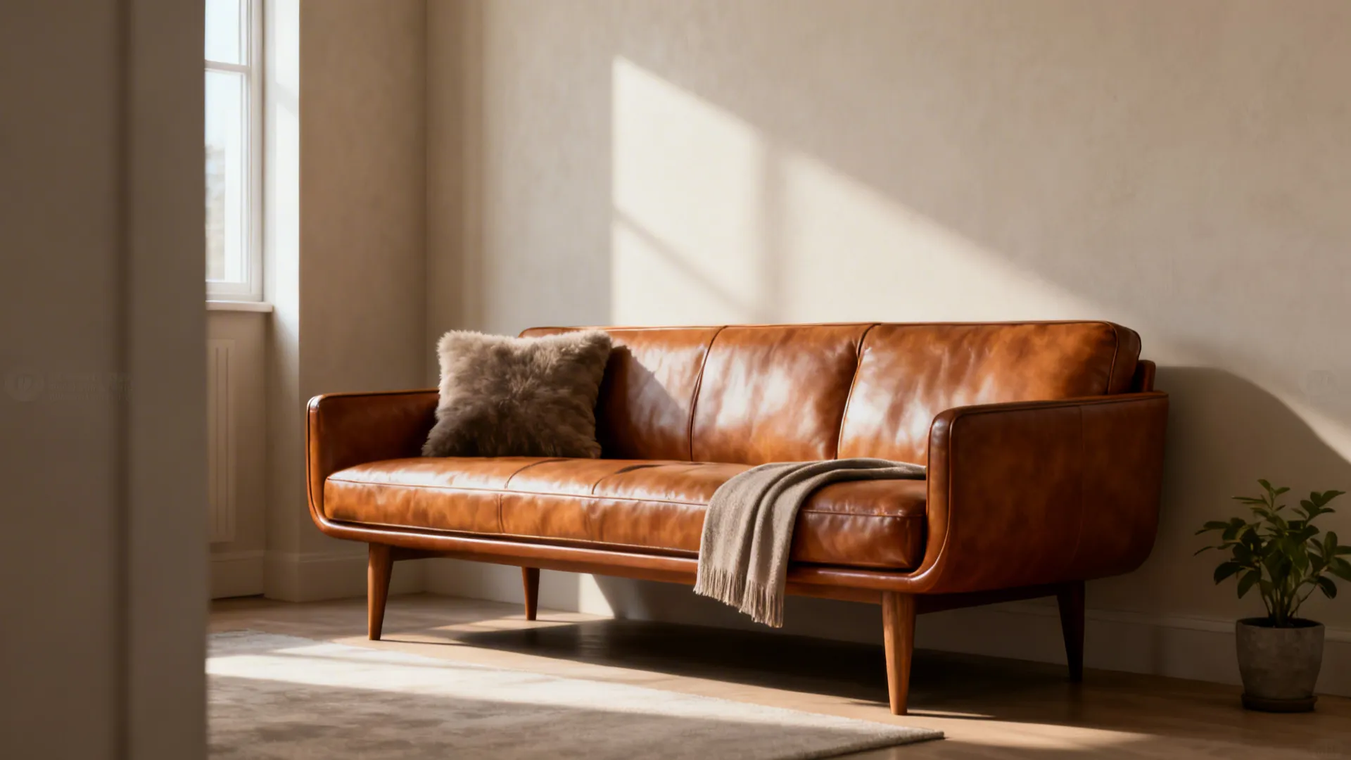 Slim midcentury tan leather sofa with tapered legs and a plush throw pillow in a narrow living room.