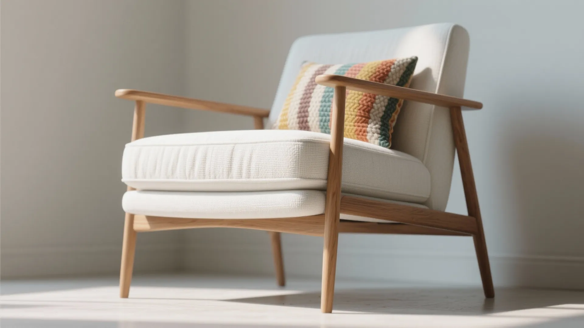 Close-up of a white mid-century slipchair with wooden legs and removable cover.
