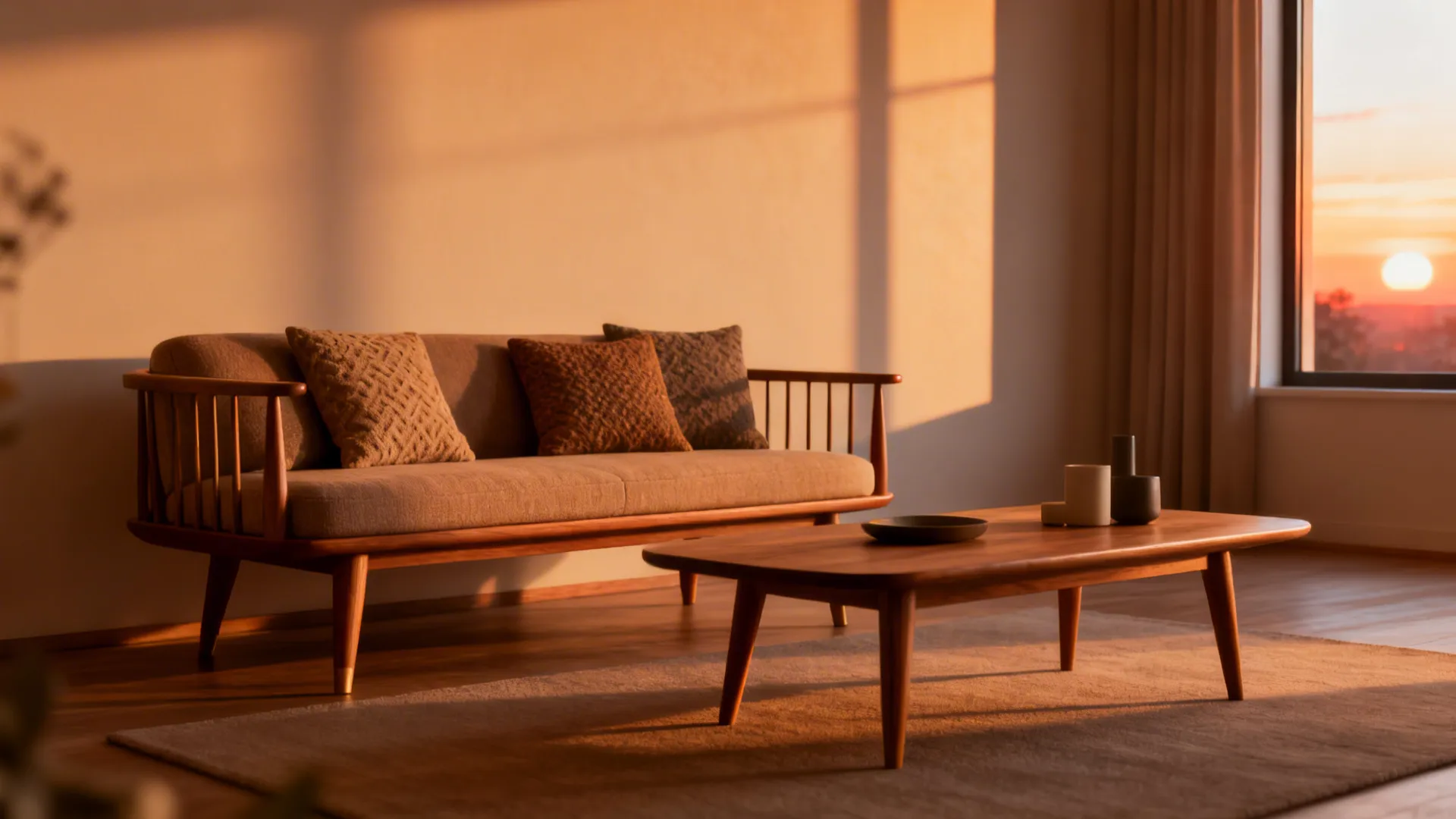 Small-scale mid-century living room set with slim sofa and wooden coffee table
