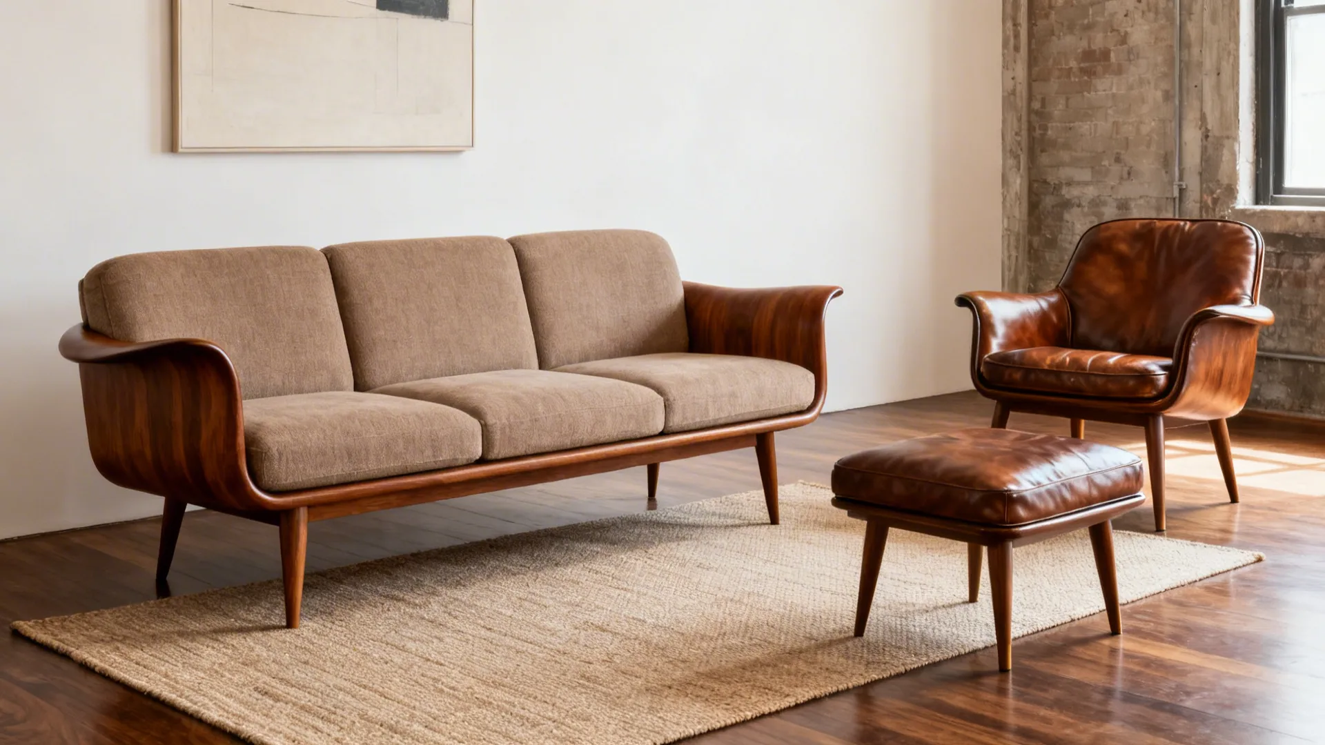 Mid-century sofa with walnut legs and a leather accent chair in a bright room.