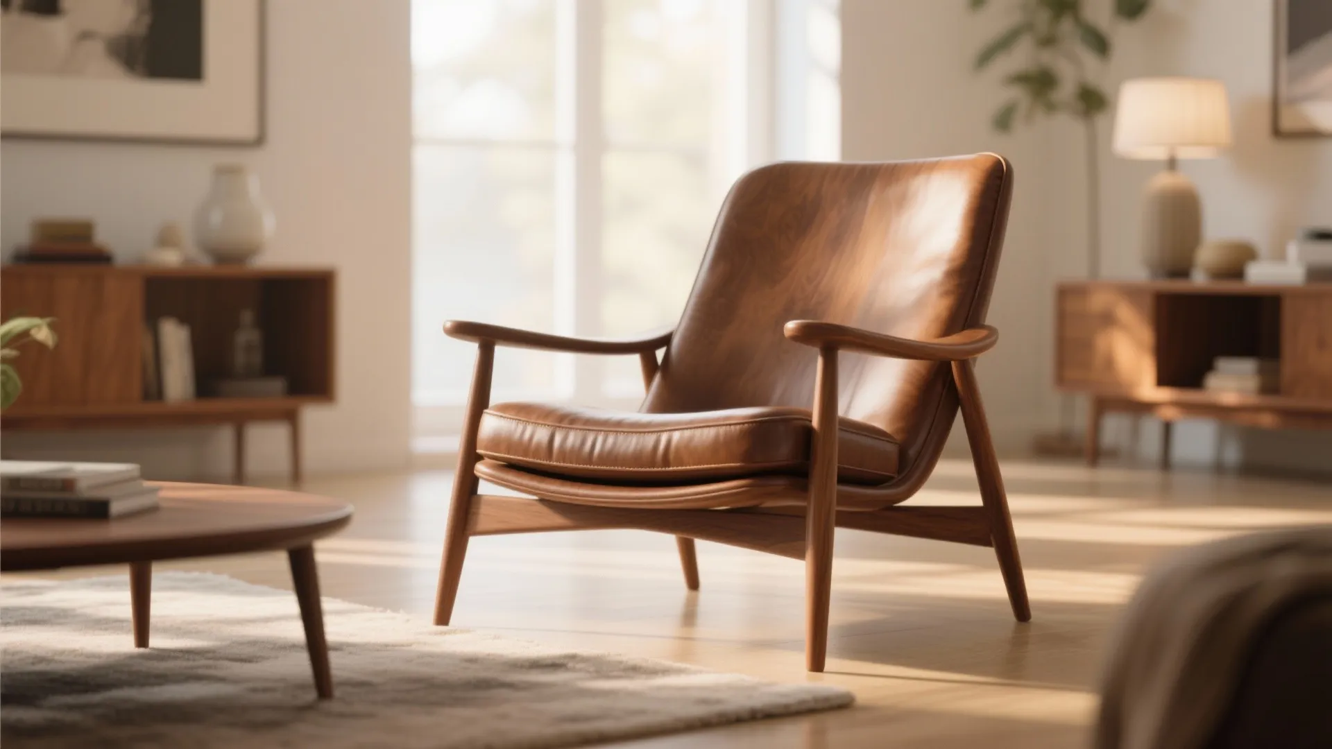 Mid-century walnut and leather statement armchair in a bright modern living room