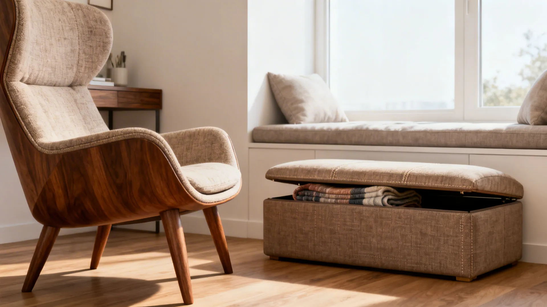 Mid-century lounge chair with tapered legs beside a cushioned storage ottoman holding folded throws.