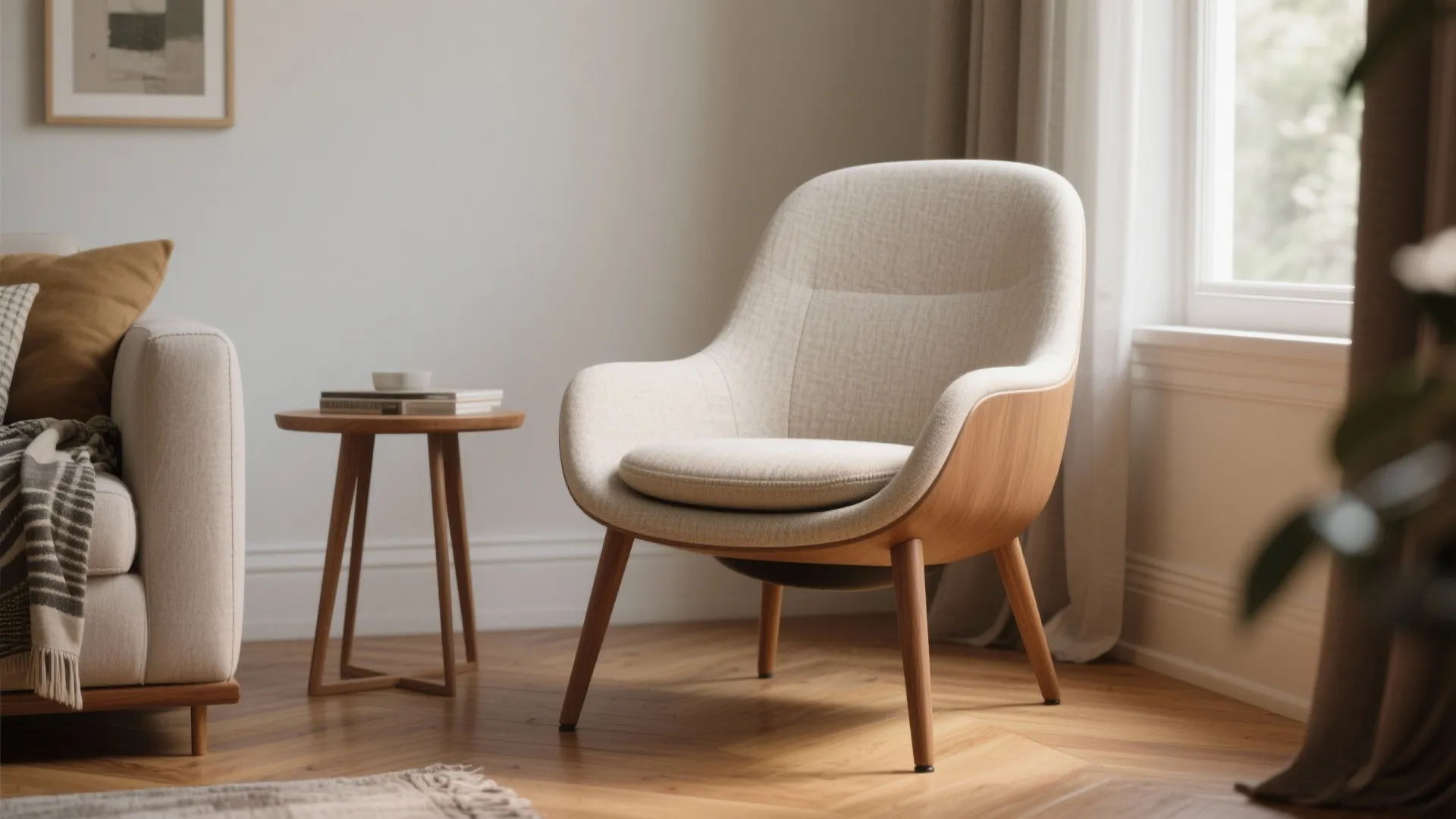 Armless mid-century swivel chair in a living corner, showing open circulation and tapered legs.