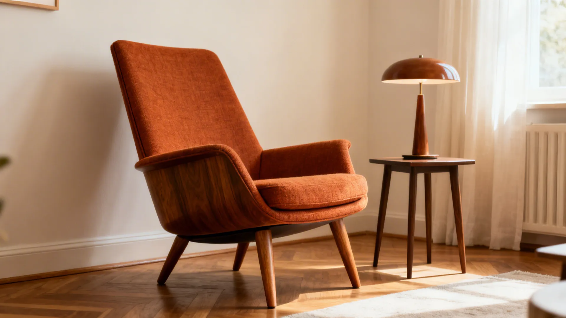 Mid-century modern swivel chair with tapered legs in a compact living room corner.