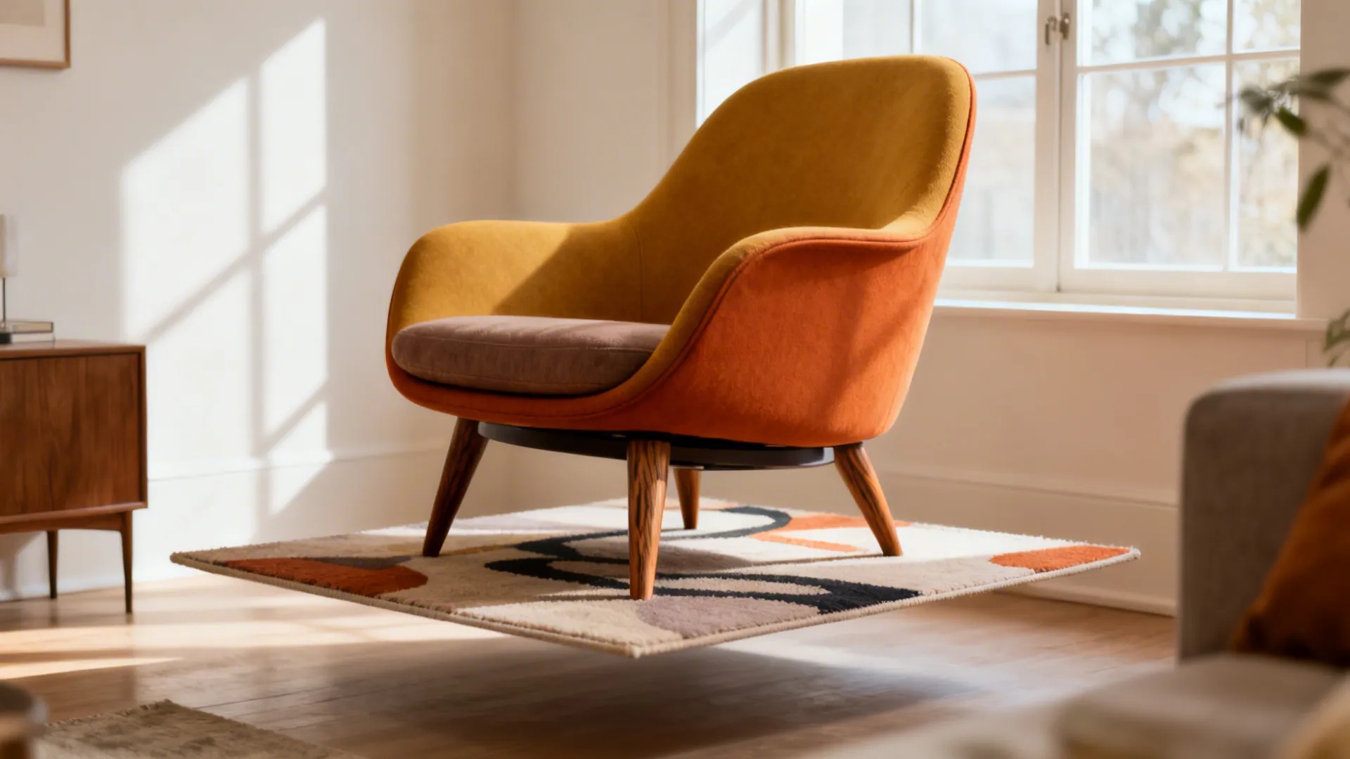 Mid-century swivel lounge chair with tapered legs and floating rug in a small living room.