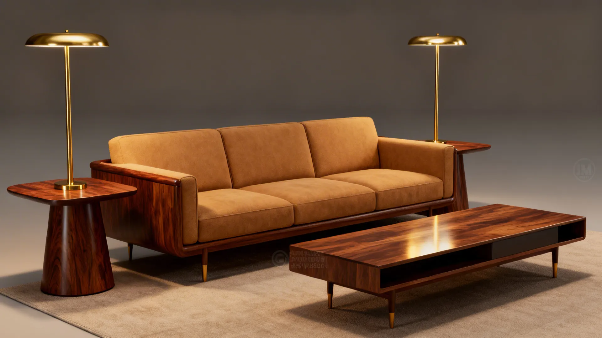 Tan sofa in a midcentury living room with walnut side tables and slim brass lamps.