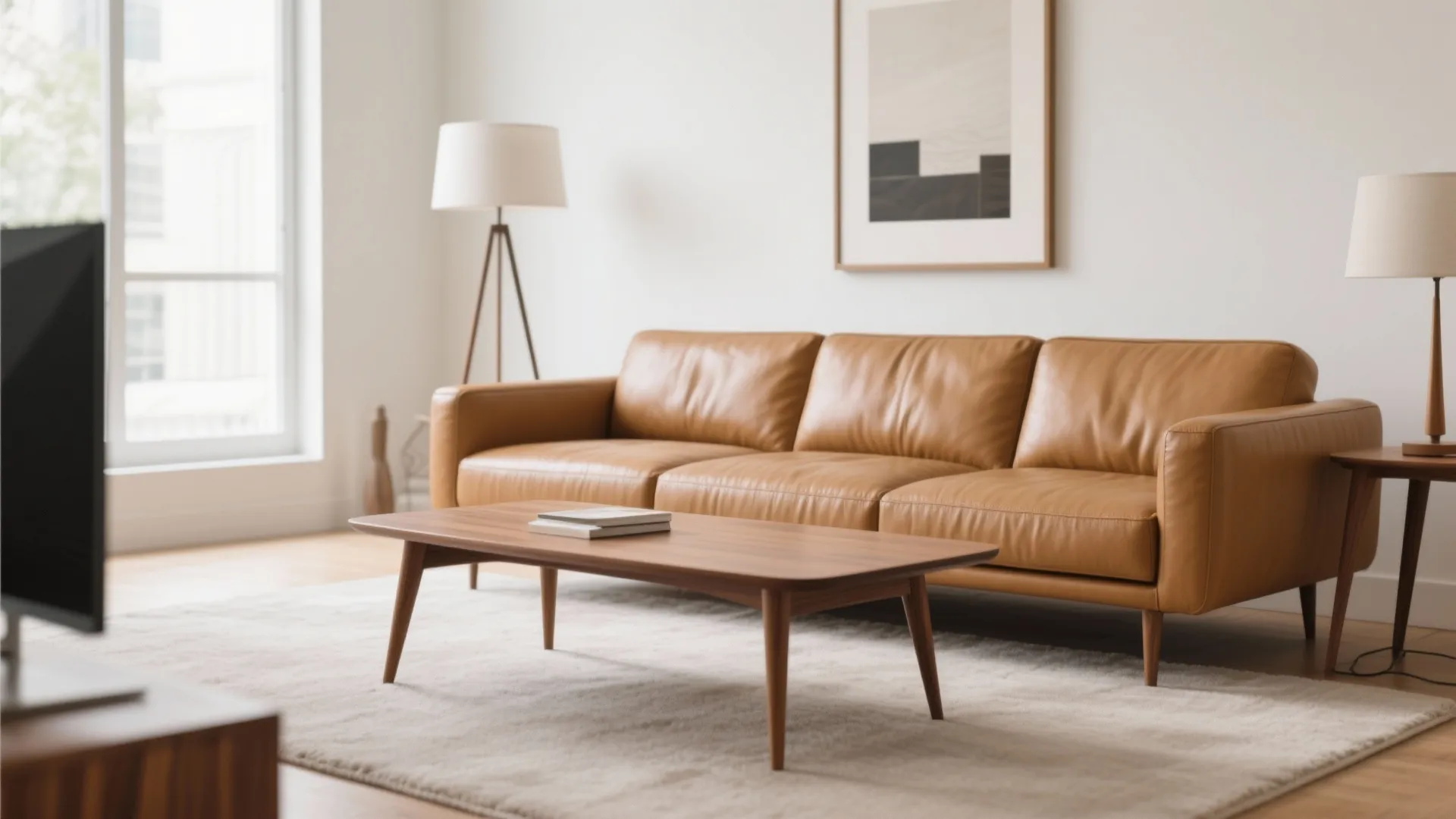 Minimalist living room with tan leather sofa, wooden coffee table, floor lamp, rug, and artwork