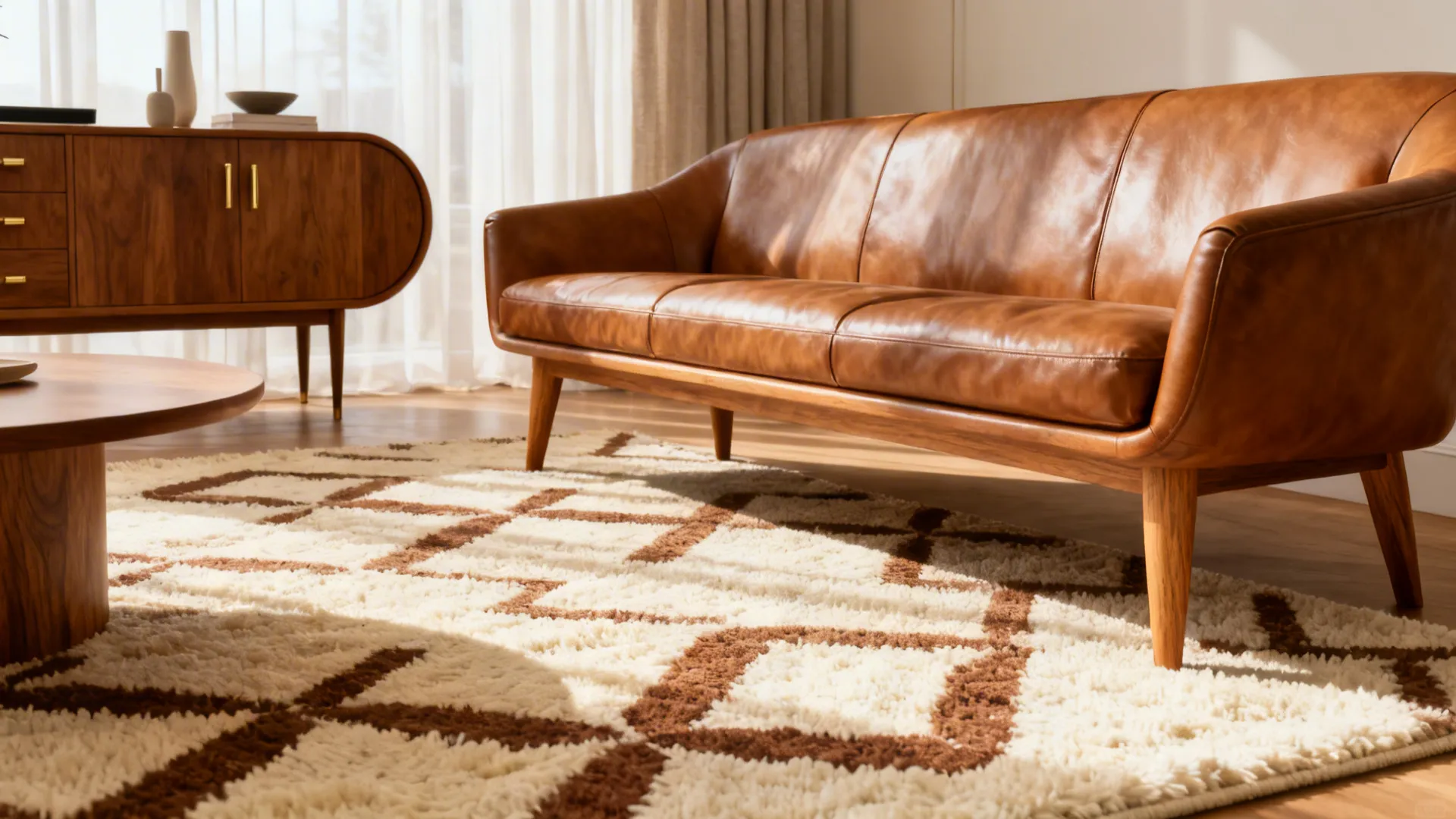 Mid-century brown leather sofa on a patterned rug with a wooden cabinet and coffee table