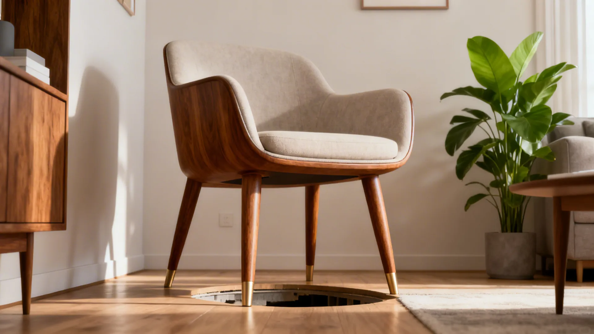 Mid-century armchair with tapered legs in a compact living room revealing floor space