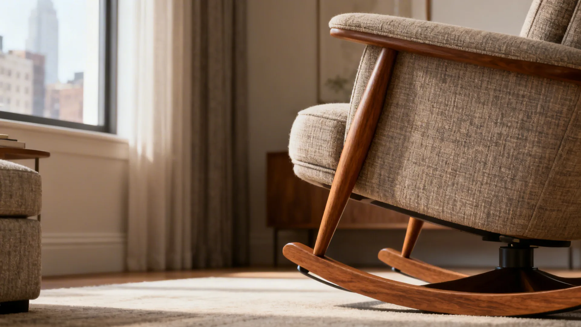 Narrow living room with a mid-century swivel glider featuring tapered wooden legs and a slim profile.