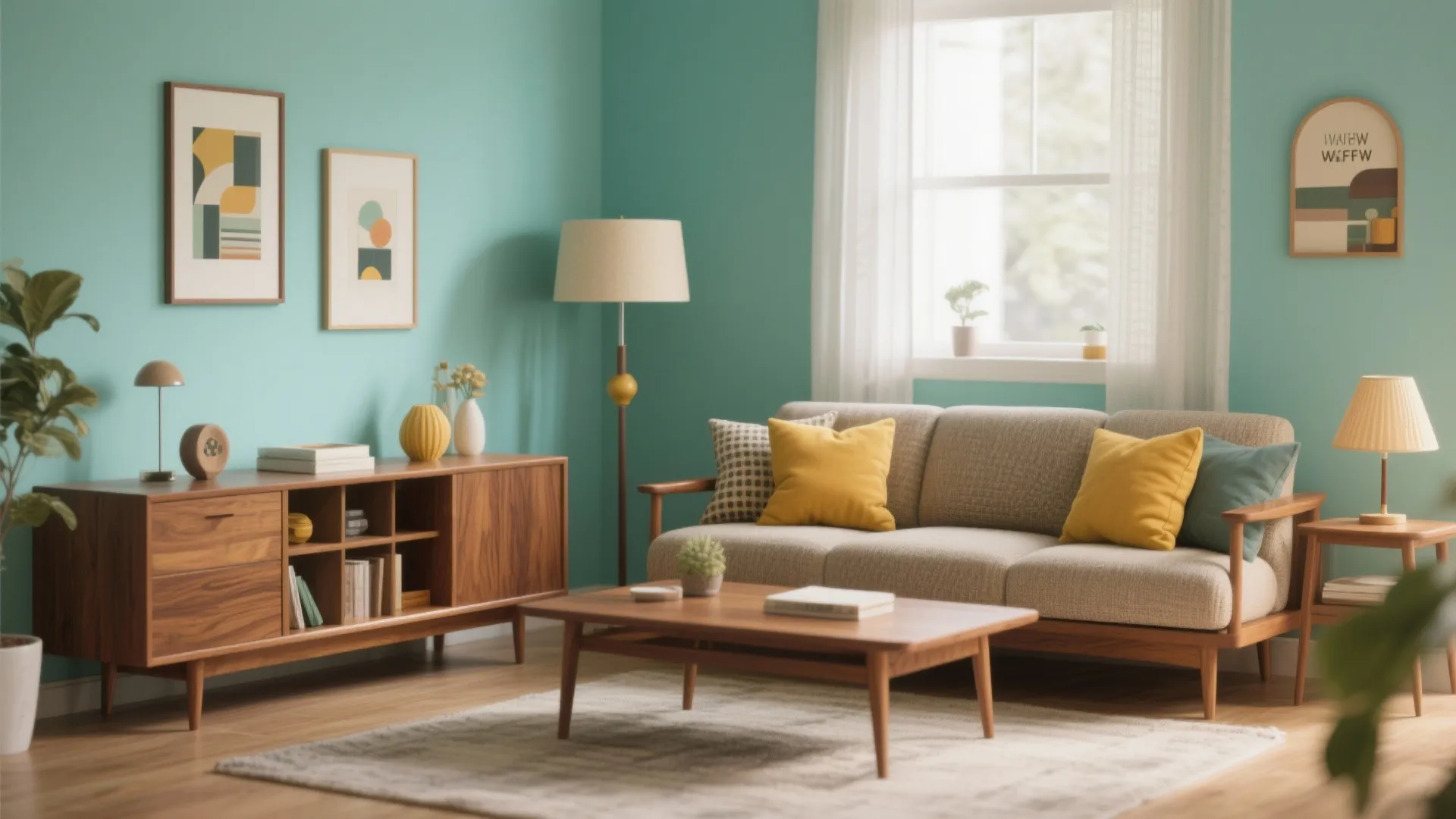 3. Mid-century Accent Pairing: Teal with Mustard and Walnut