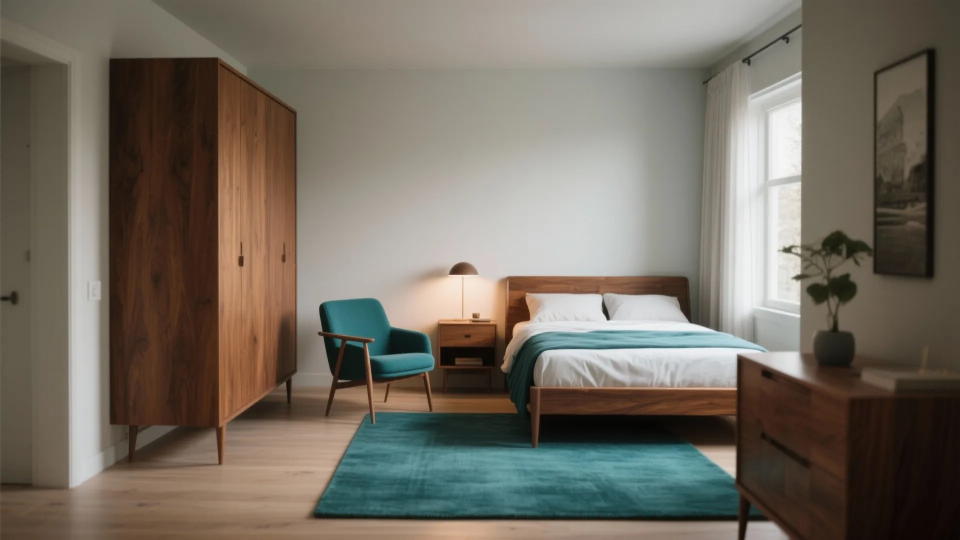 Small bedroom with mid-century walnut furniture and teal statement pieces for a retro-modern look.