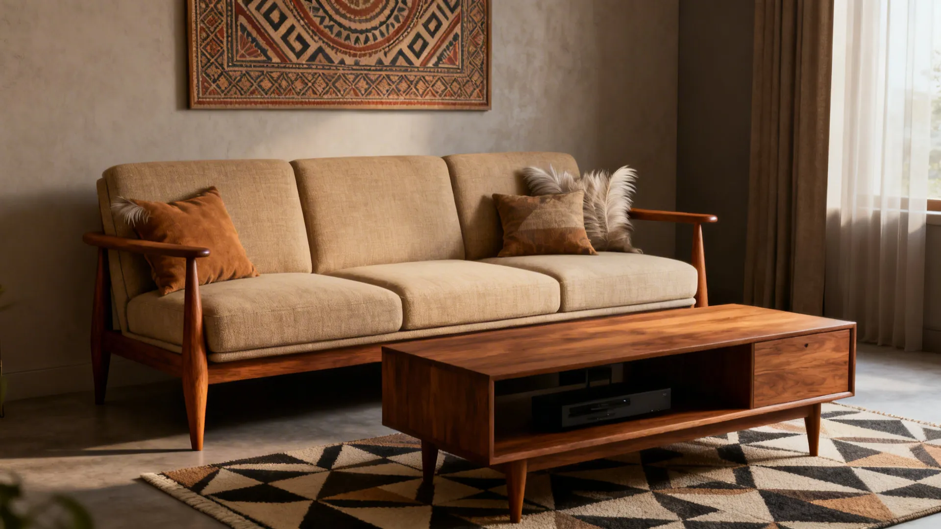 Mid-century three-seater with slim arms and tapered teak legs brightening a compact Indian living room.