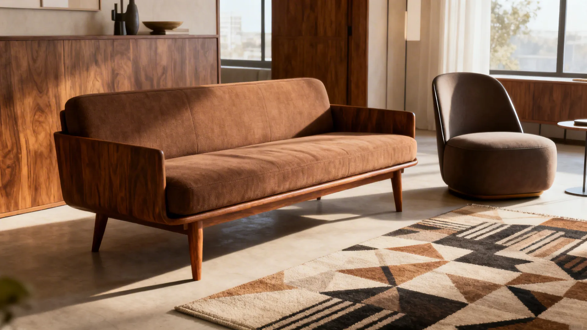 3. Tight-back sofa + slipper chair for mid-century vibes