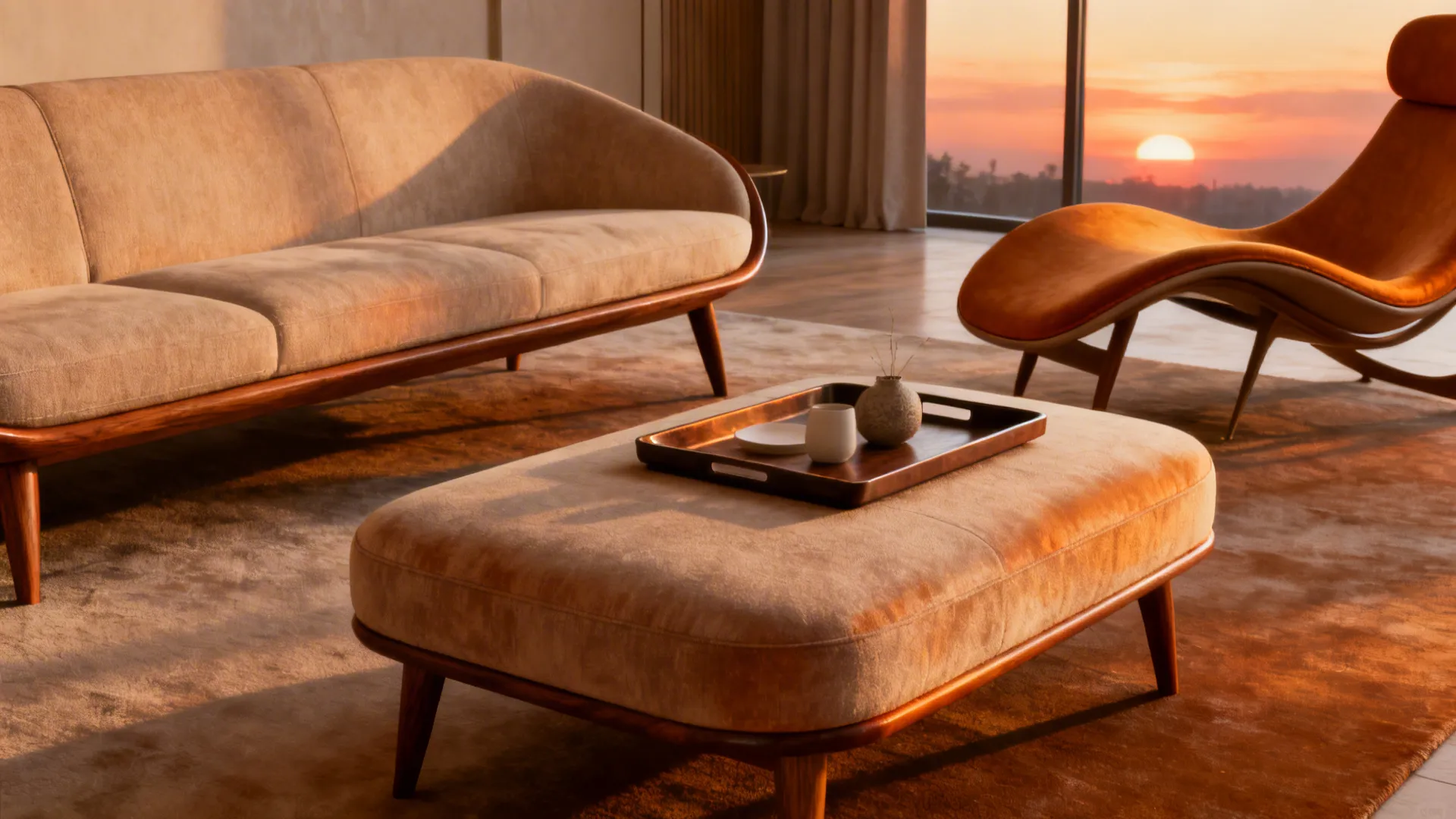 Mid-century sofa with curved chair and tray-top ottoman styled as a coffee table
