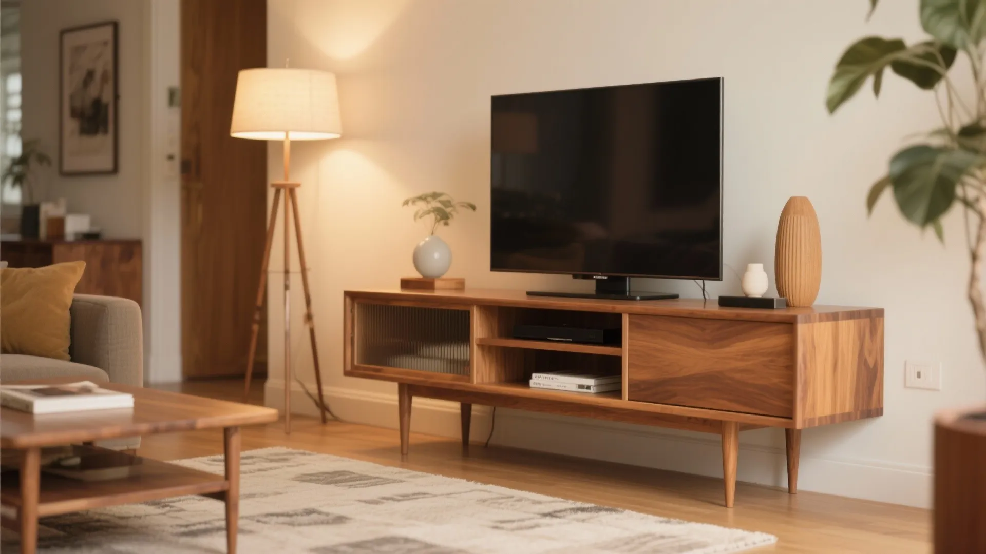 7. Open-Shelf Mid-Century TV Stand