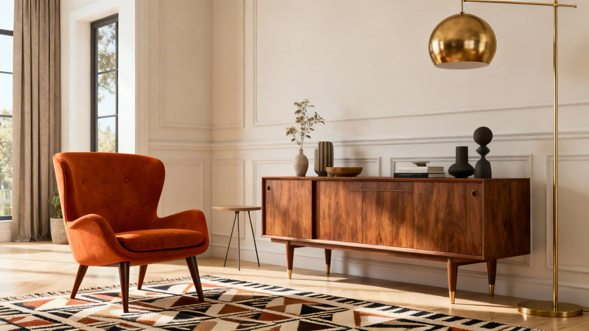 Mid century room with orange armchair wooden cabinet gold lamp and white decorative wall panel