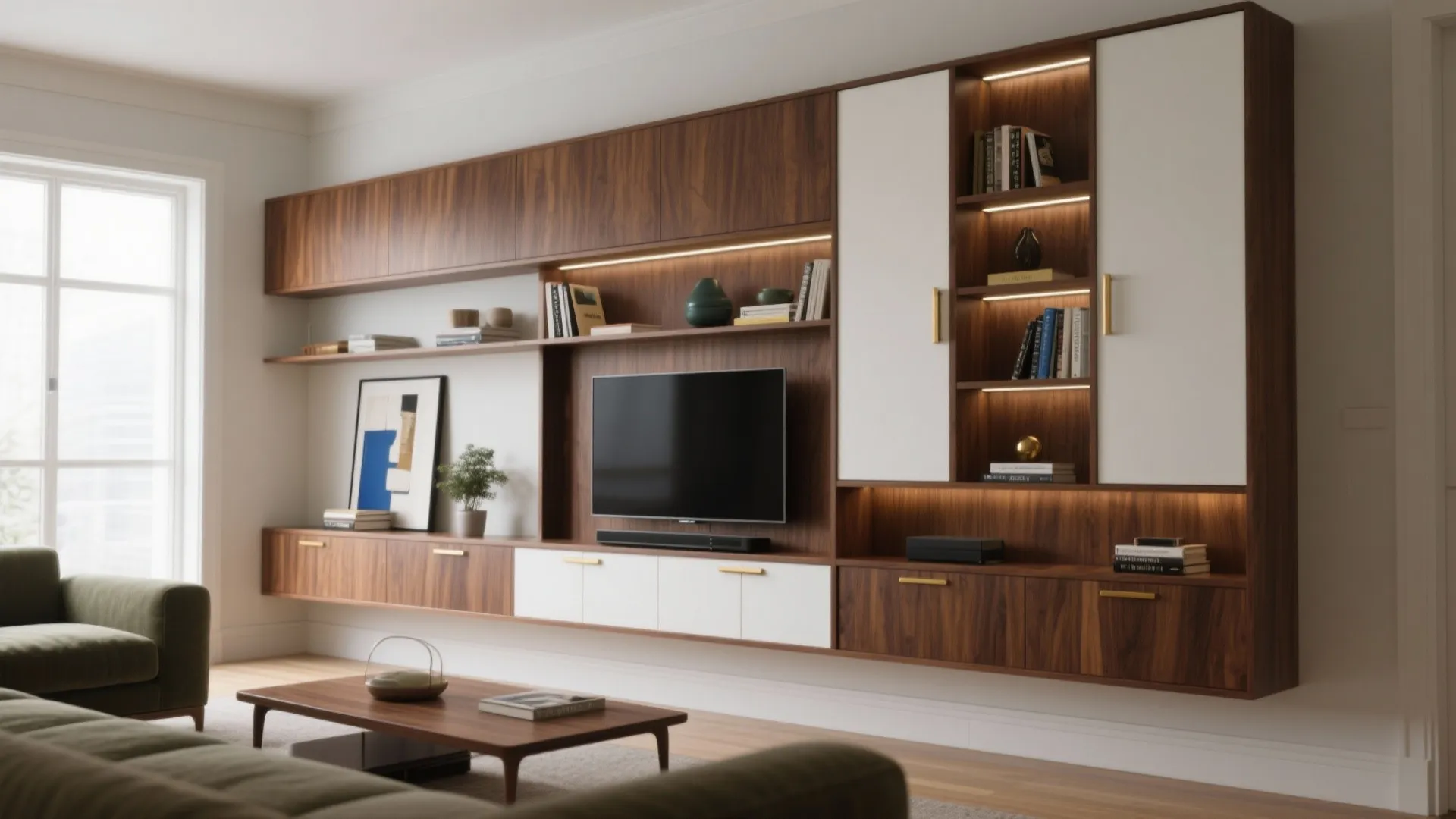 Large wooden wall cabinet with built in lights holding a television books and white doors