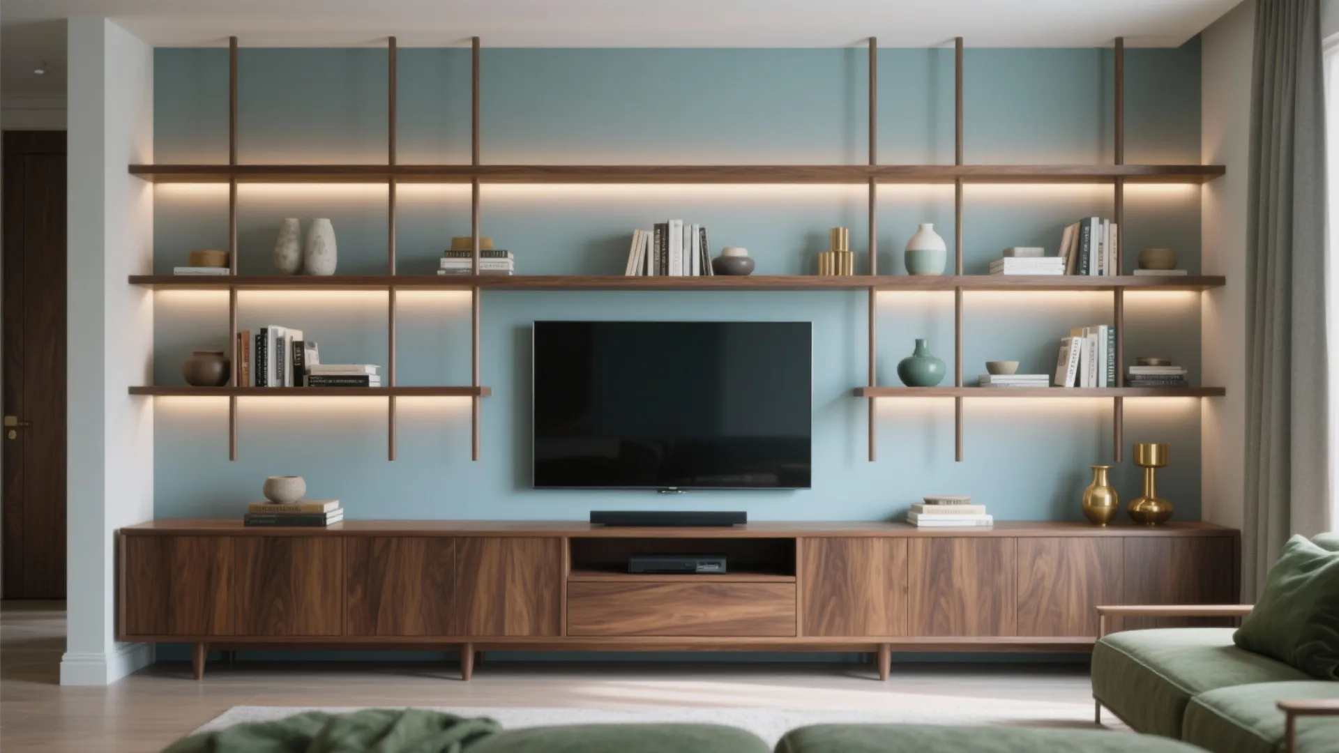 Modern living room with wooden wall cabinet and open shelves against a light blue wall