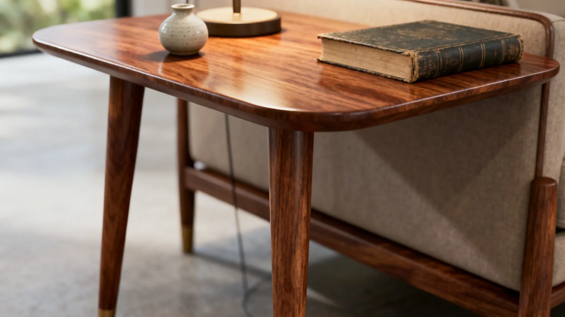 Mid-century modern walnut side table holding a vintage book and small ceramic vase near sofa