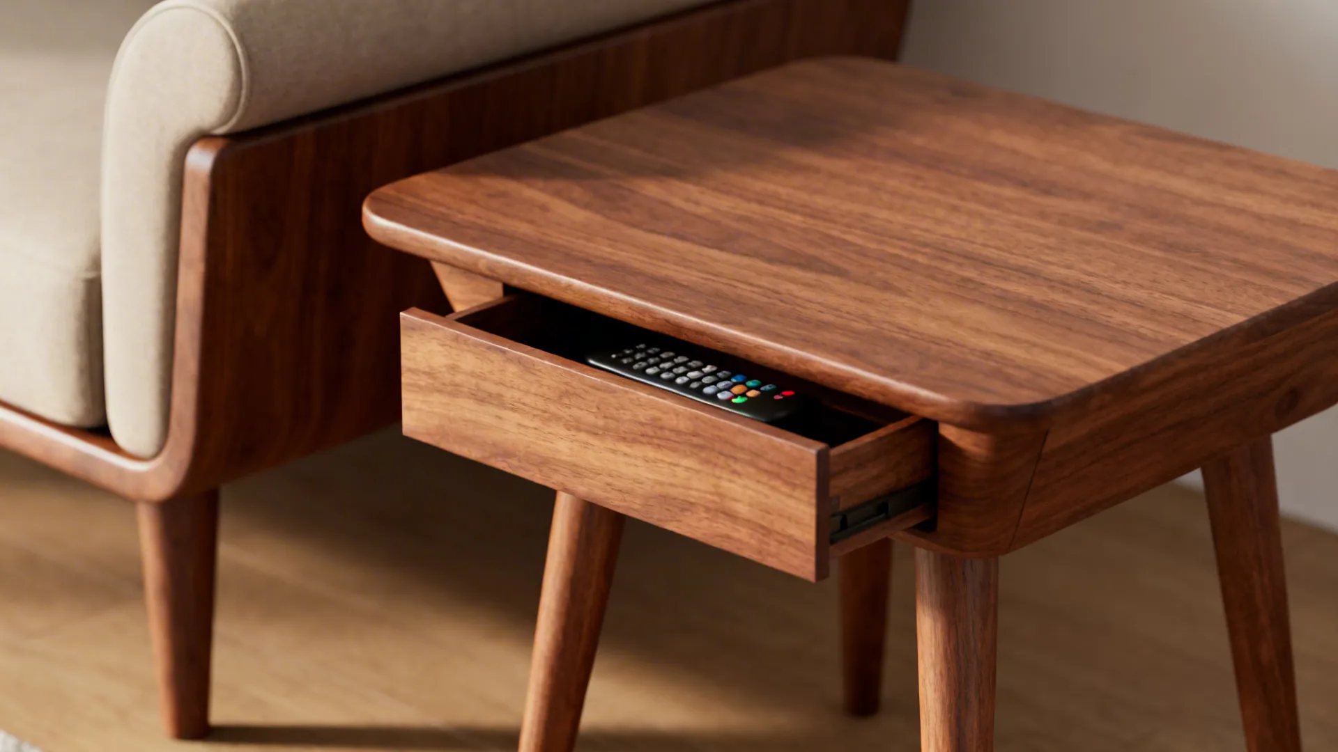 walnut side table with an open drawer showing a black remote control next to sofa