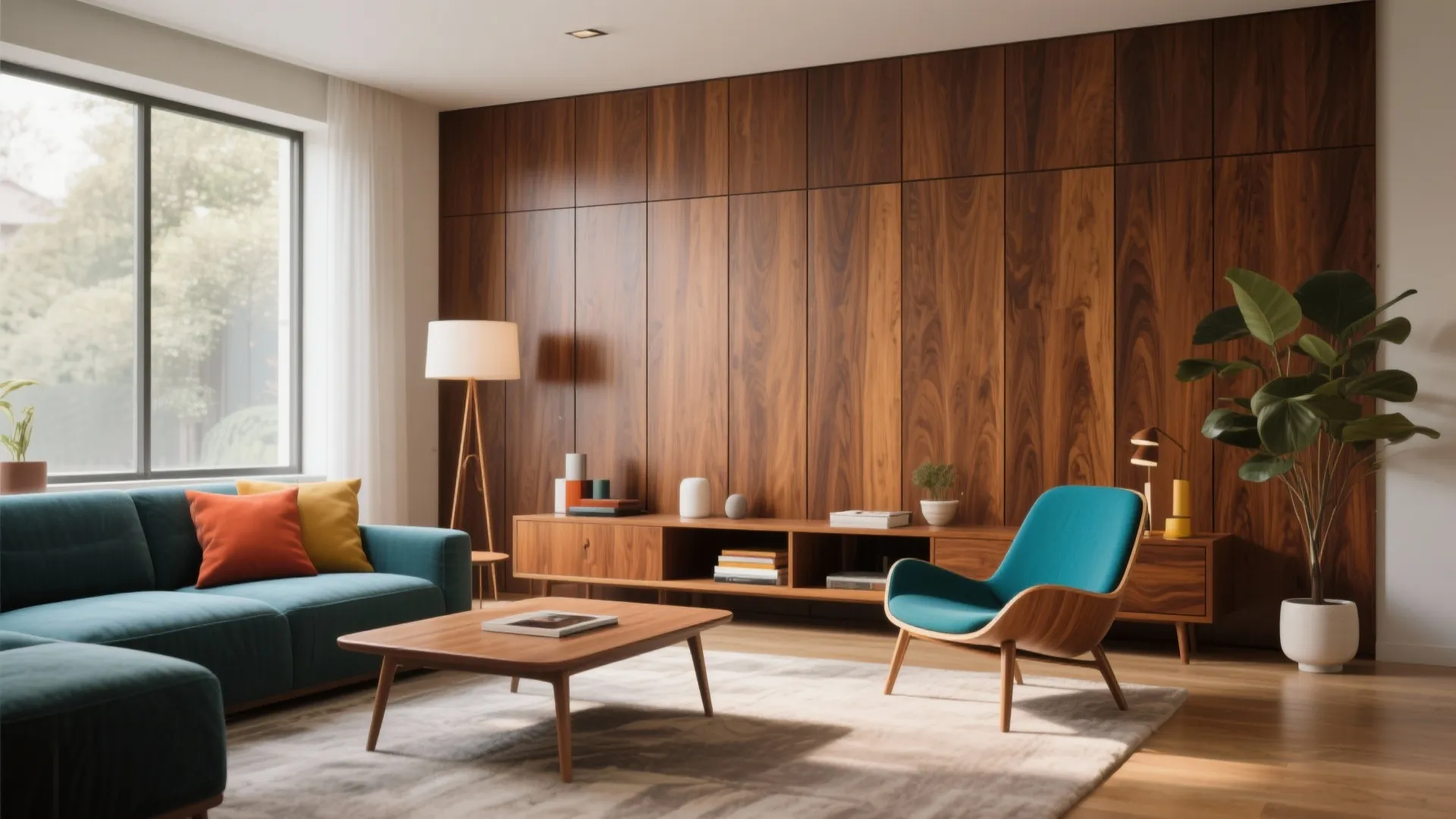 Mid-century modern living room with walnut feature wall