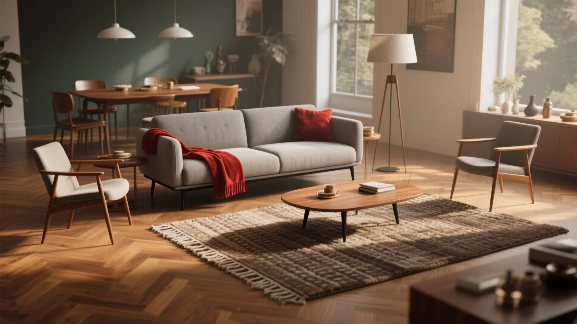 4. Mid-century Warm Grey with Black Legs and Scarlet Textiles