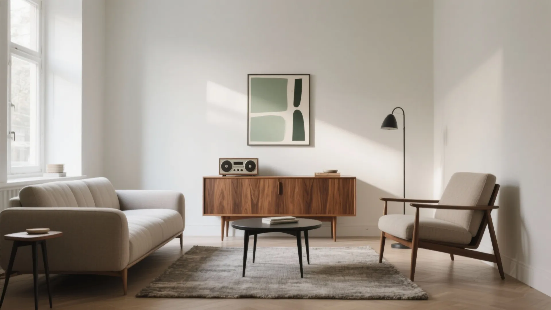 Mid-century accents, warm woods, and tapered legs