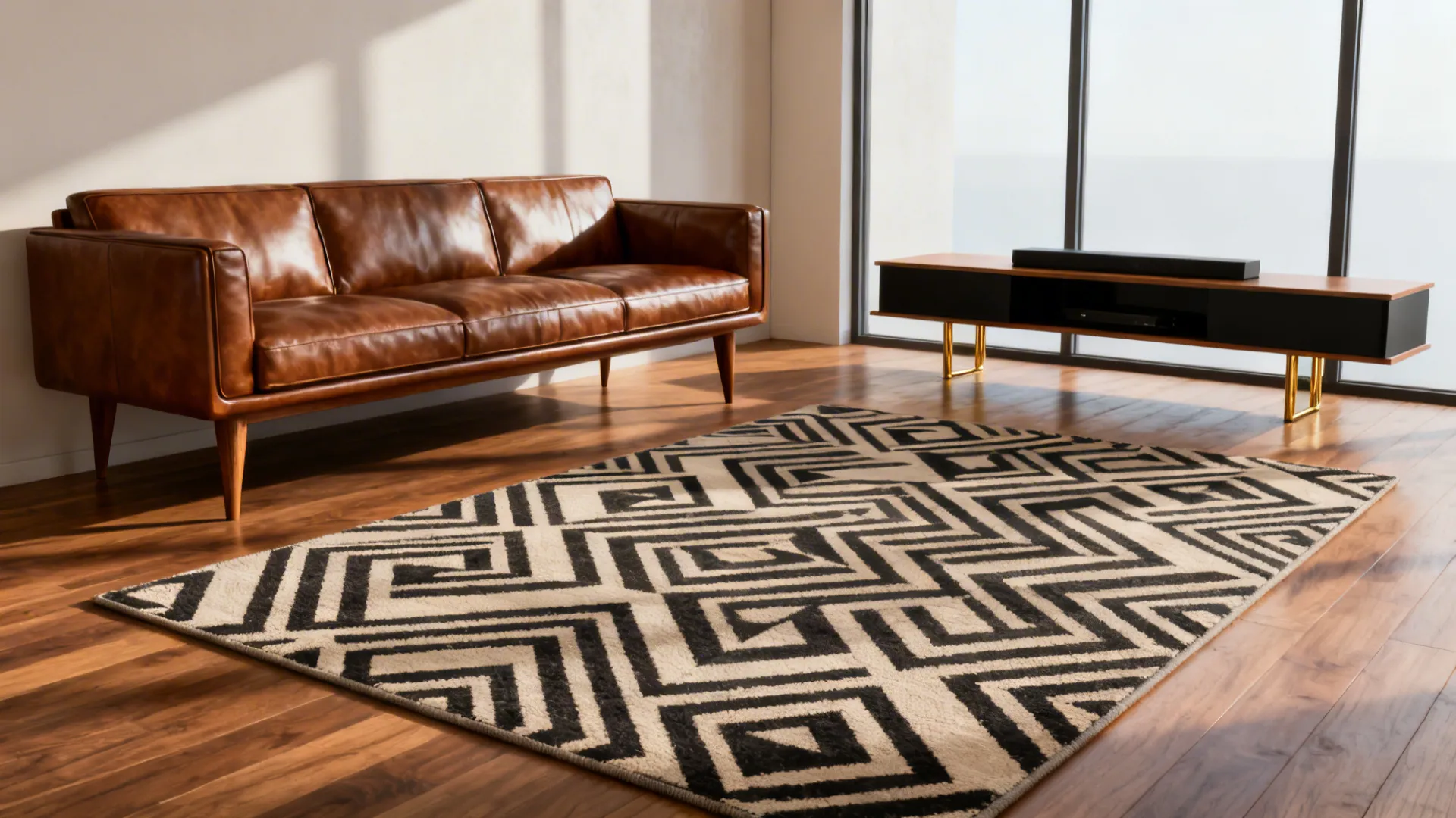 Mid-century living room with a brown leather sofa, geometric rug, and brass accents