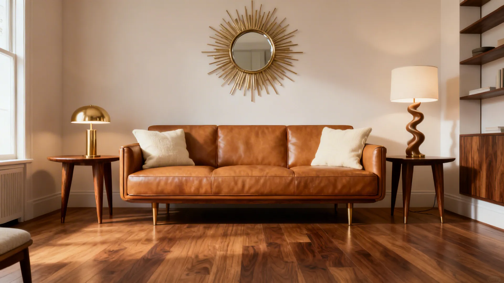Mid-century modern living room with a tan leather sofa, tapered wood side tables and a sunburst mirror.