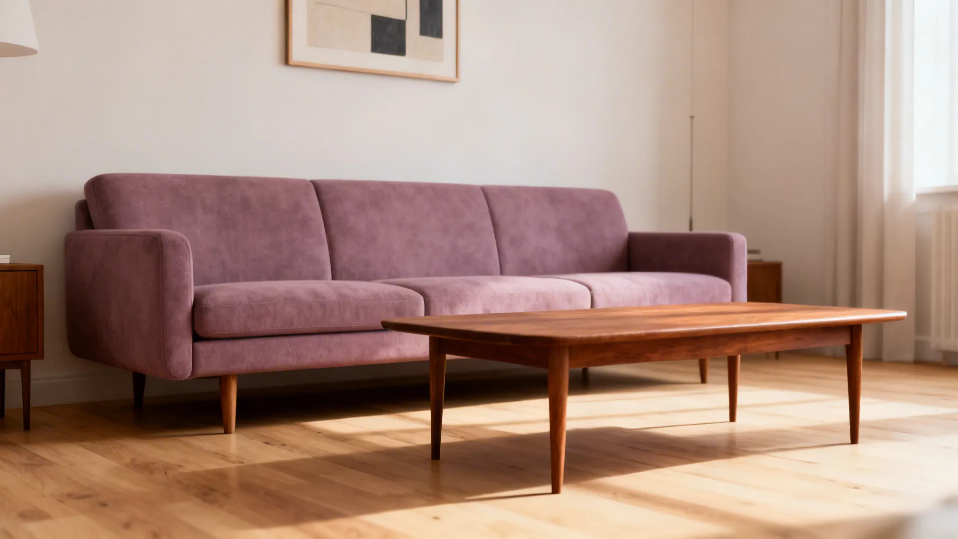 Small midcentury living room with mauve sofa, teak coffee table and light oak flooring.