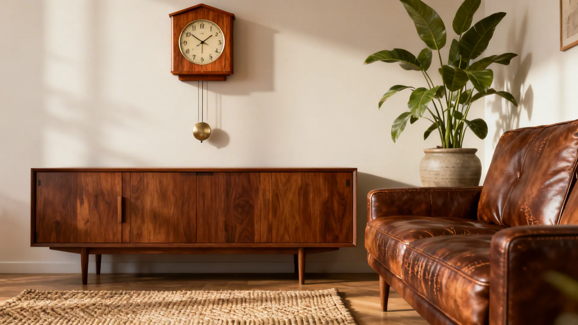 Living room featuring a wooden cabinet leather sofa wall clock green plant and woven rug