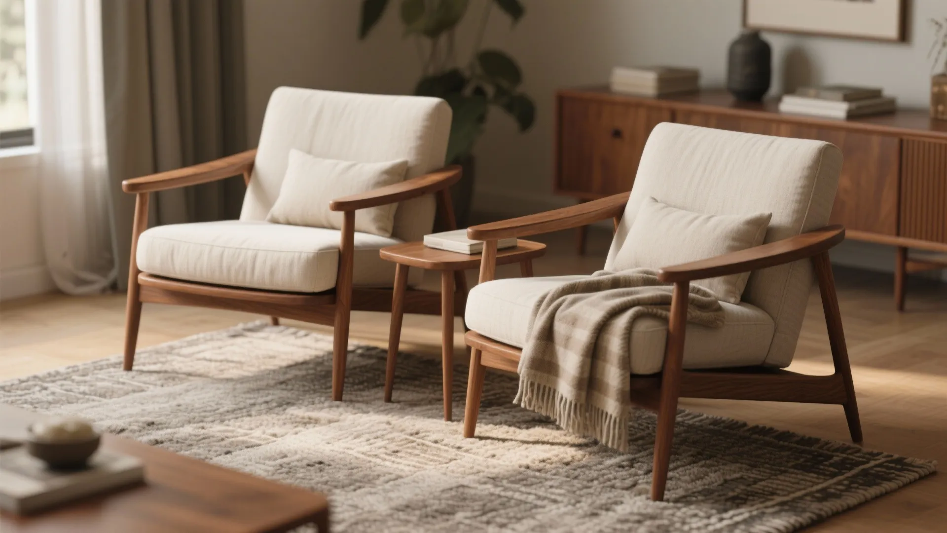 2. Mid-Century Wooden Pair with Cushions