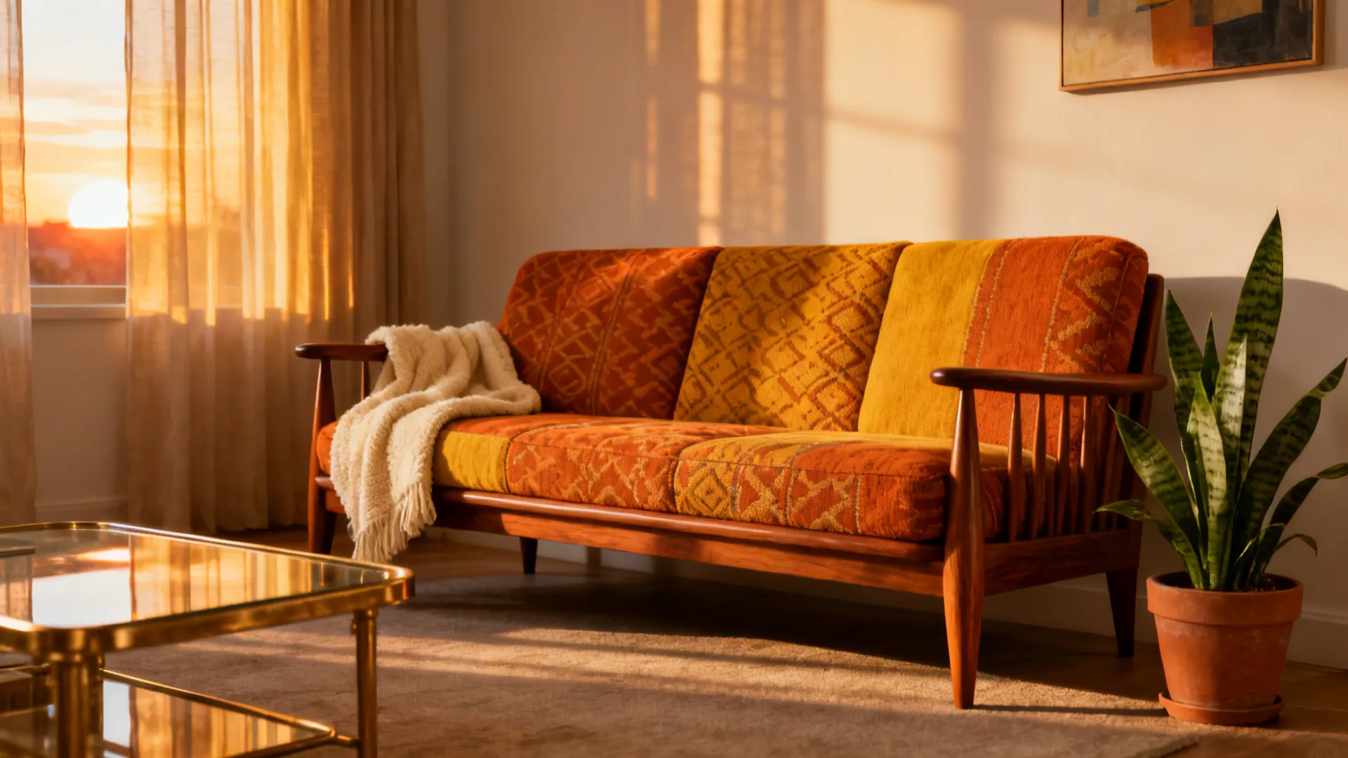 Mid-century wooden sofa with tapered arms and slim cushions in a cozy living room.