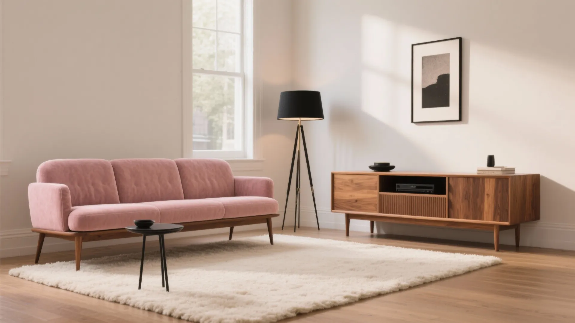 Modern living room featuring a pink sofa wood cabinet floor lamp white rug and natural light