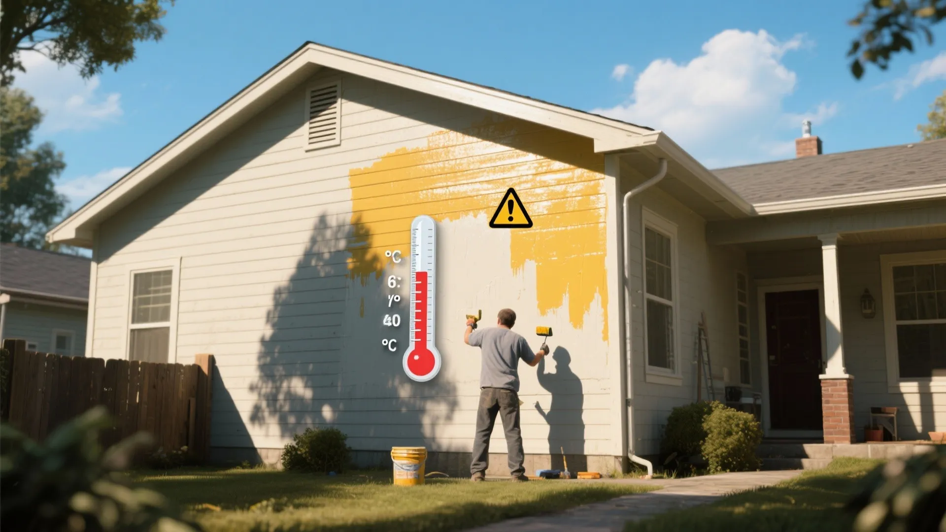 Man painting house exterior yellow under hot sun with large thermometer and yellow warning sign