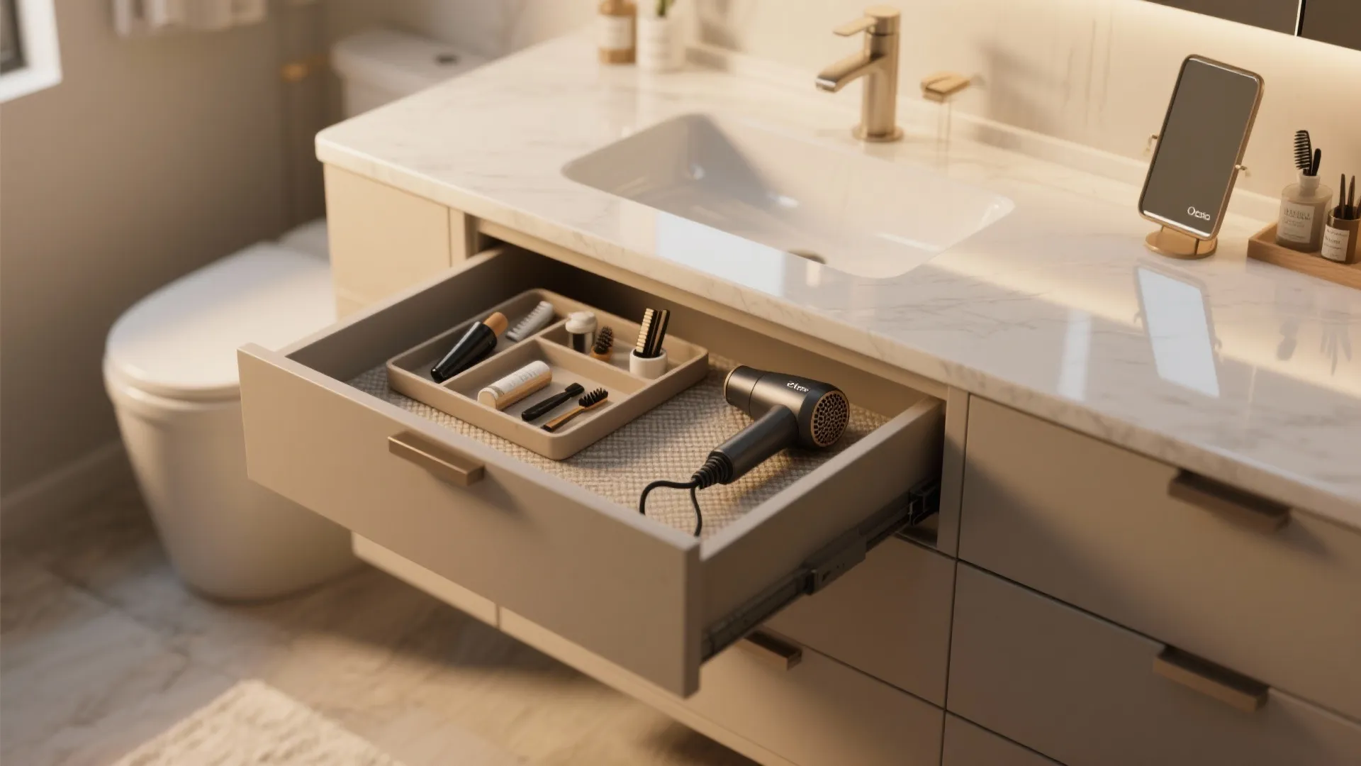 Open vanity drawer containing a hair dryer and makeup organizer under a white marble countertop