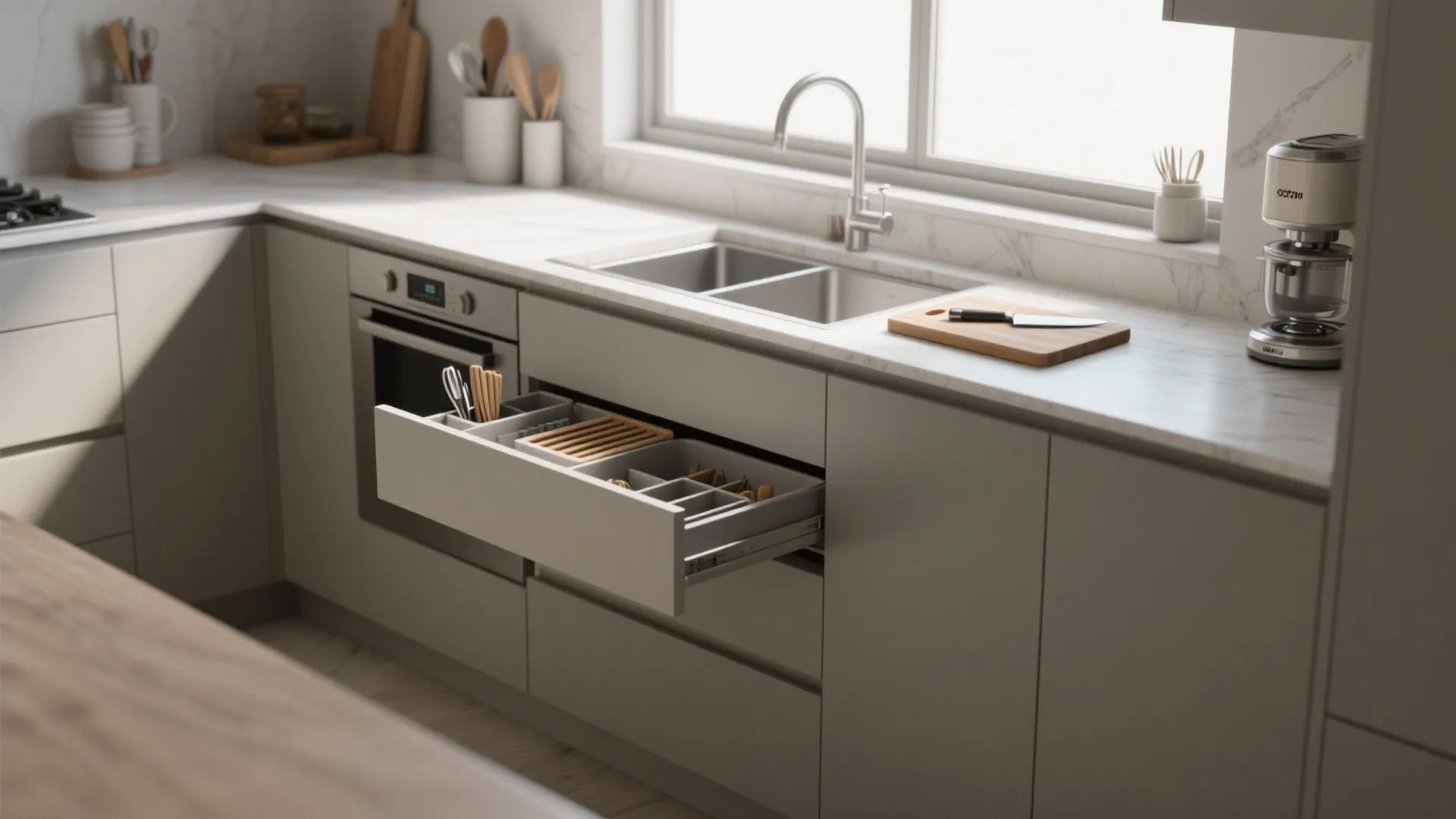 Modern kitchen with gray cabinets open drawer double sink marble countertop and window with natural light