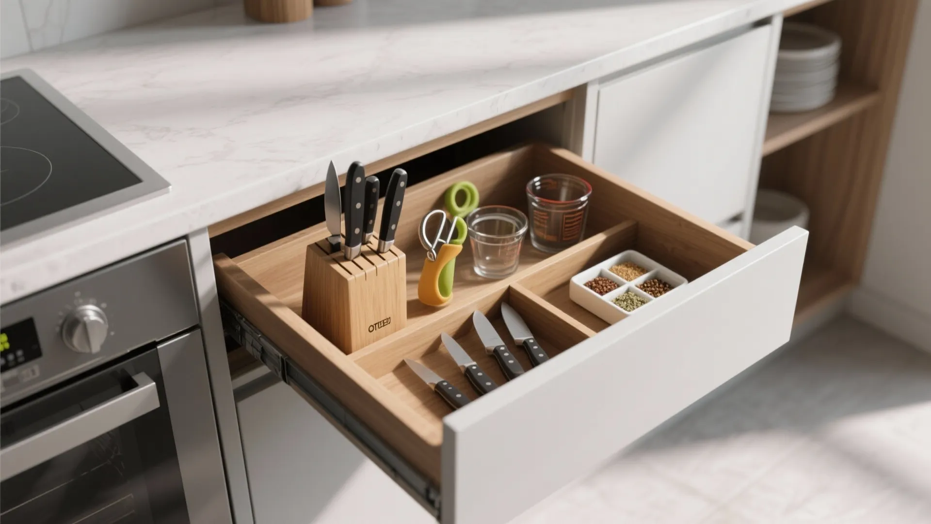 Open kitchen drawer with wooden dividers containing knives scissors measuring cups and small white container