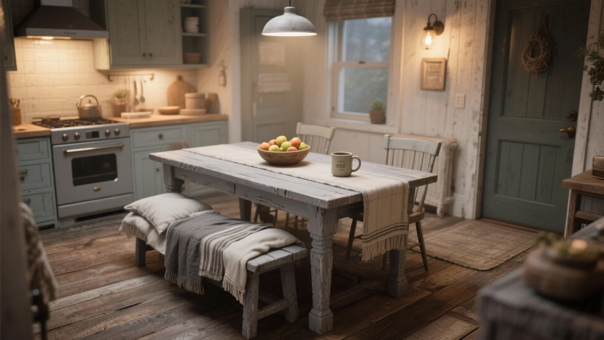 2. Mid-gray farmhouse table for warmth