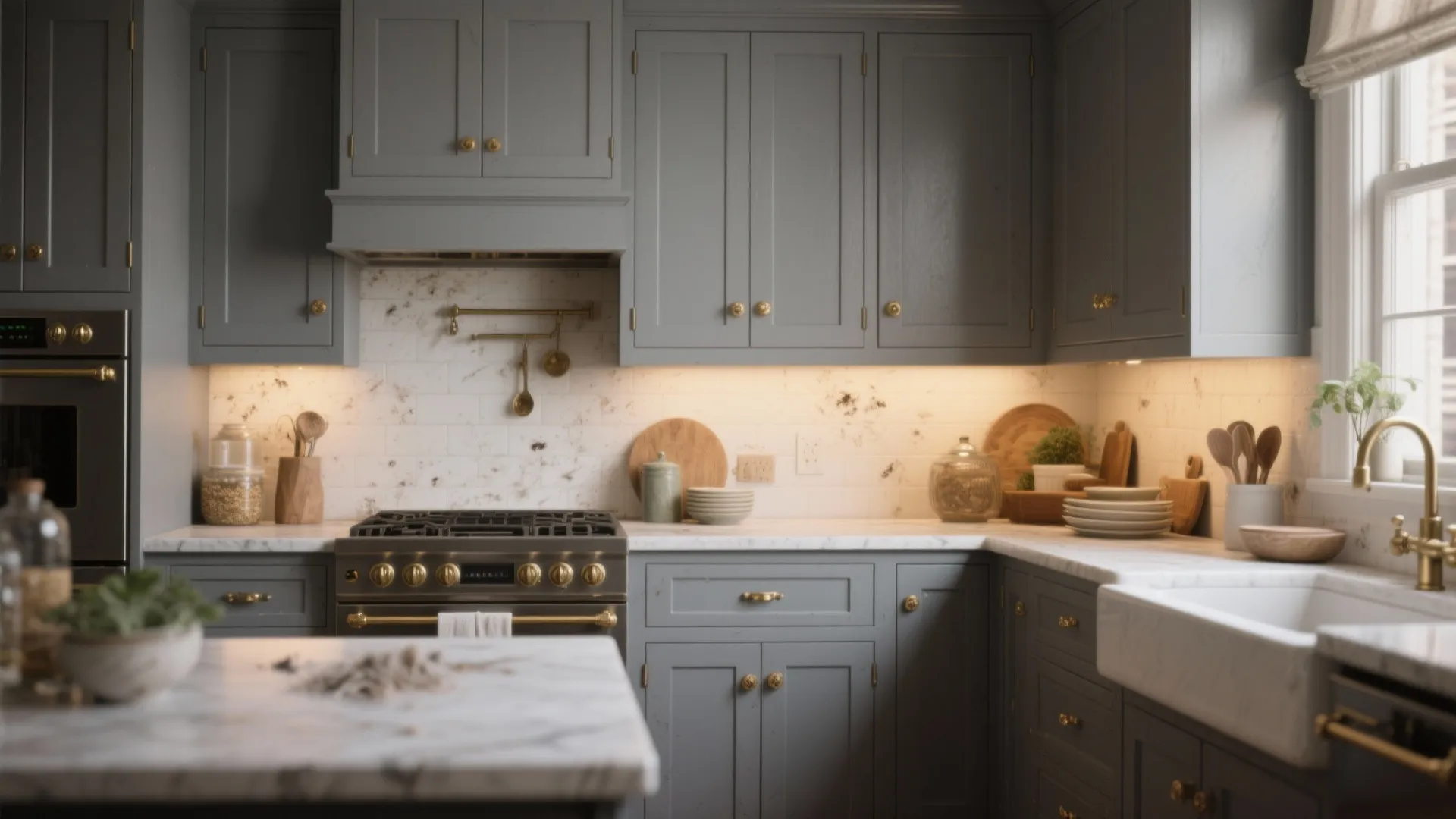 Mid-gray Shaker cabinets with antique brass hardware in a curated kitchen