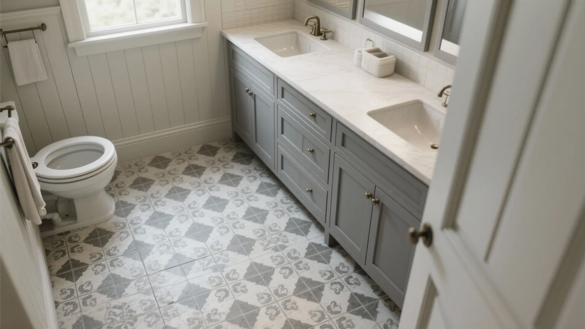 3. Mid-gray Shaker Cabinets and Patterned Floor Tile