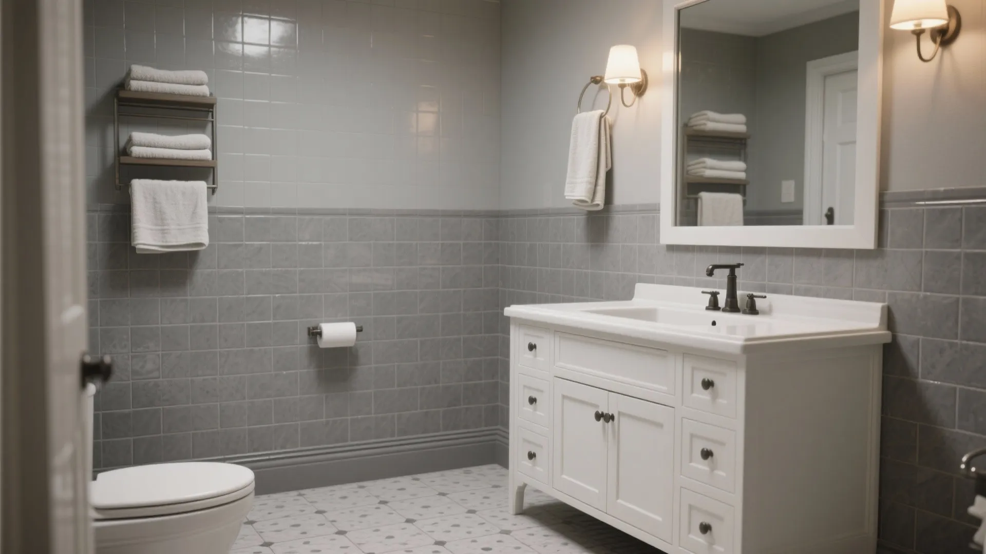2. Mid-tone gray tiles and a classic white shaker vanity