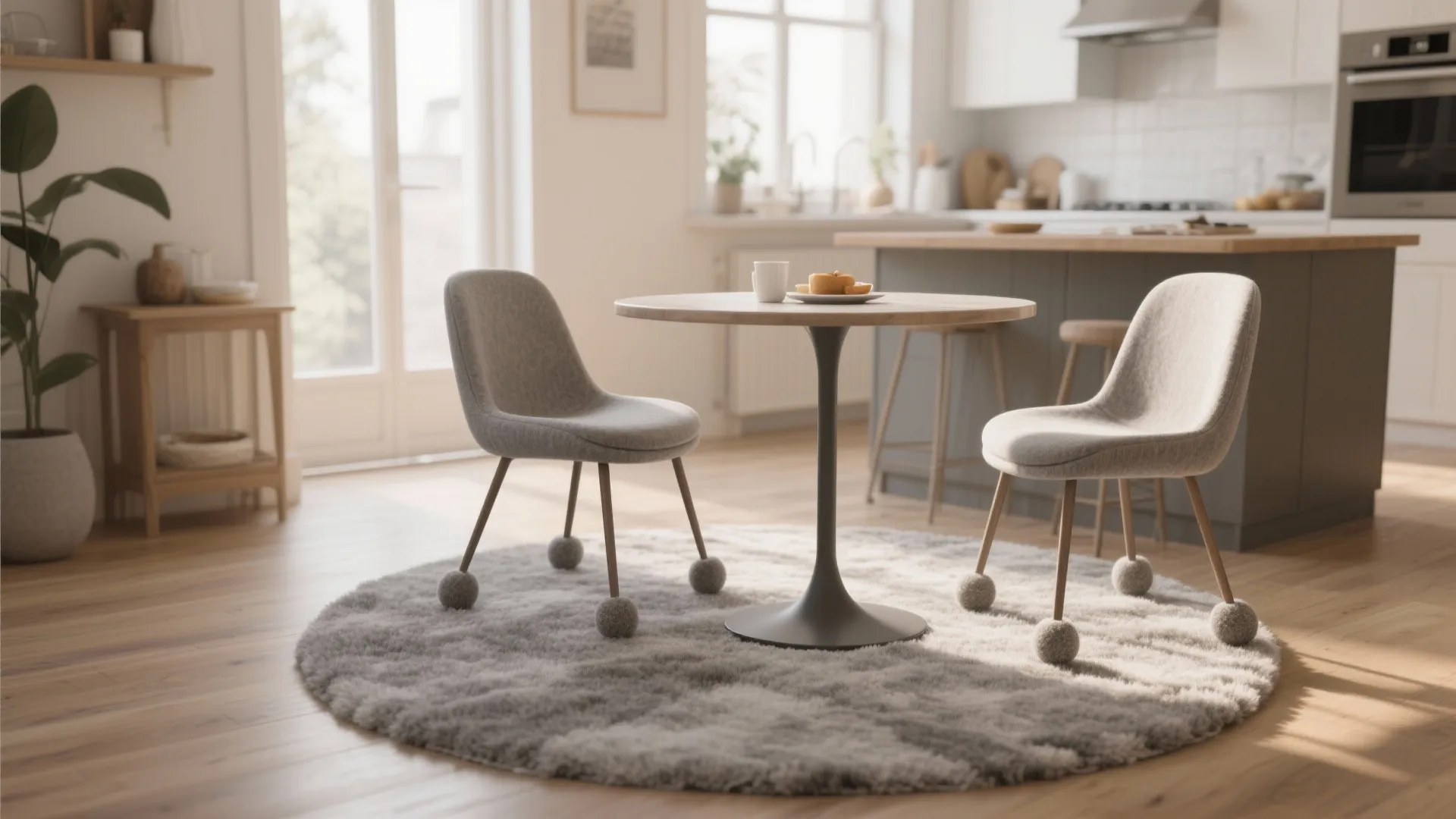 2. Define a breakfast nook with a soft mid-grey rug